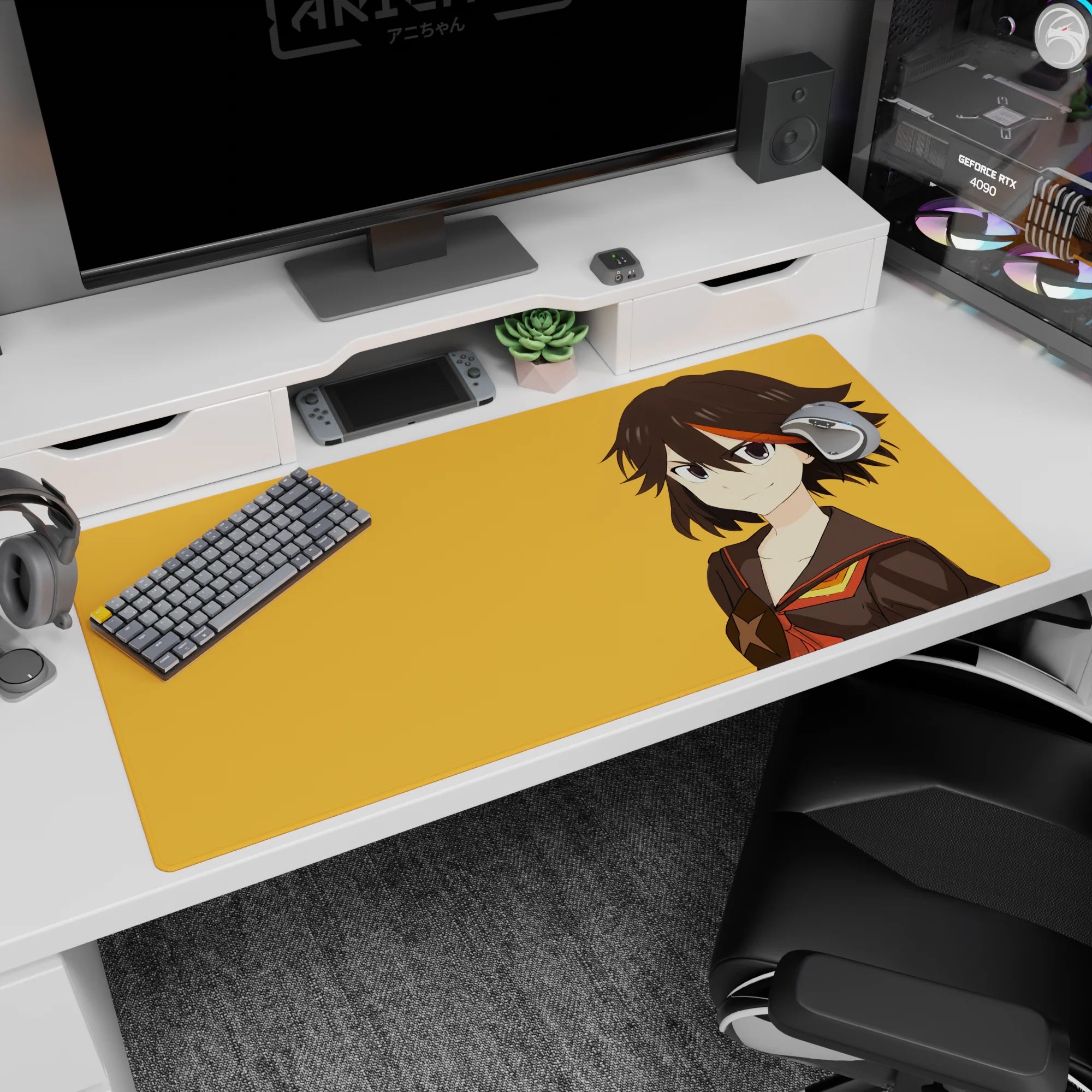 40x20 inches anime girl mouse pad showing sharp-eyed heroine with orange hair streak on warm orange.