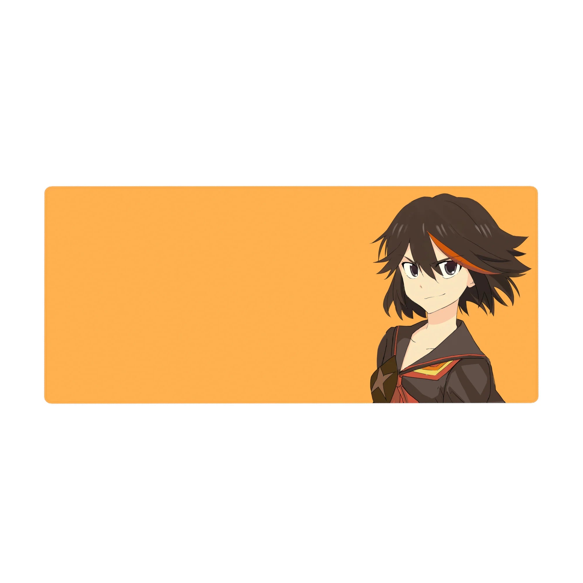 Anime girl desk pad 36x16 inches with smirking sailor-uniform heroine on a warm orange background.