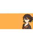 Anime girl desk pad 36x16 inches with smirking sailor-uniform heroine on a warm orange background.