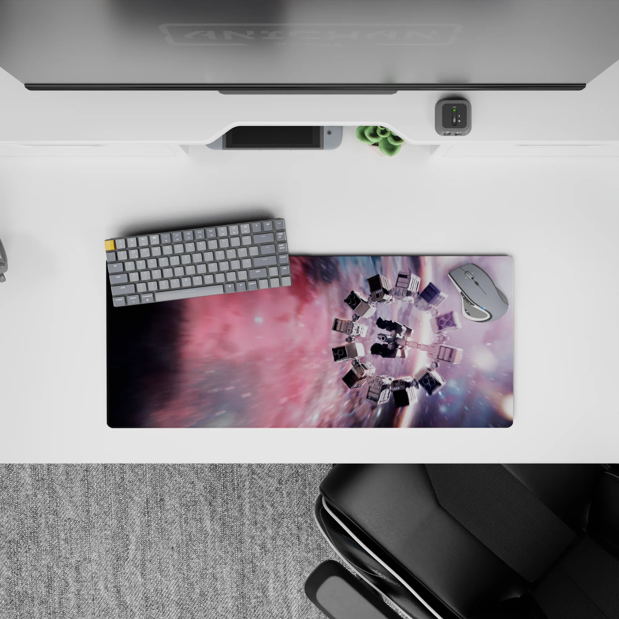 Dreamy rosy nebula with smoky violet tones mouse pad, 28x12 inches, calm fast space vibe.