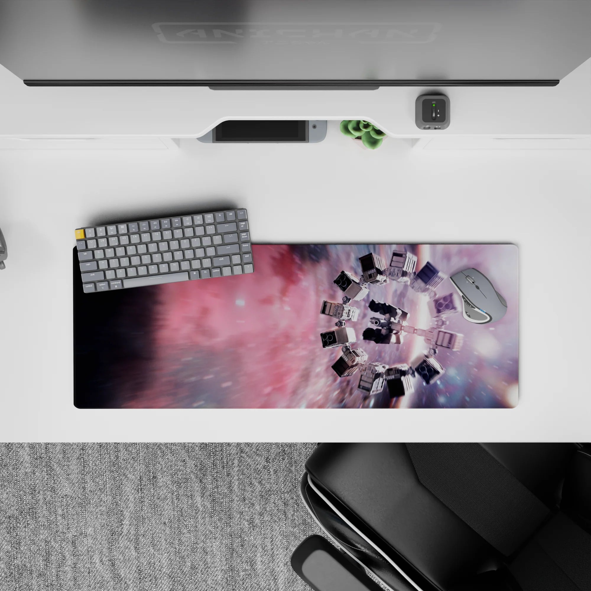 Rosy nebula and smoky violet galaxy mouse pad, 32x12 inches, calm dreamy gradients with streaky stars.