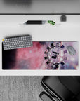 Rosy nebula and smoky violet galaxy mouse pad, 32x12 inches, calm dreamy gradients with streaky stars.