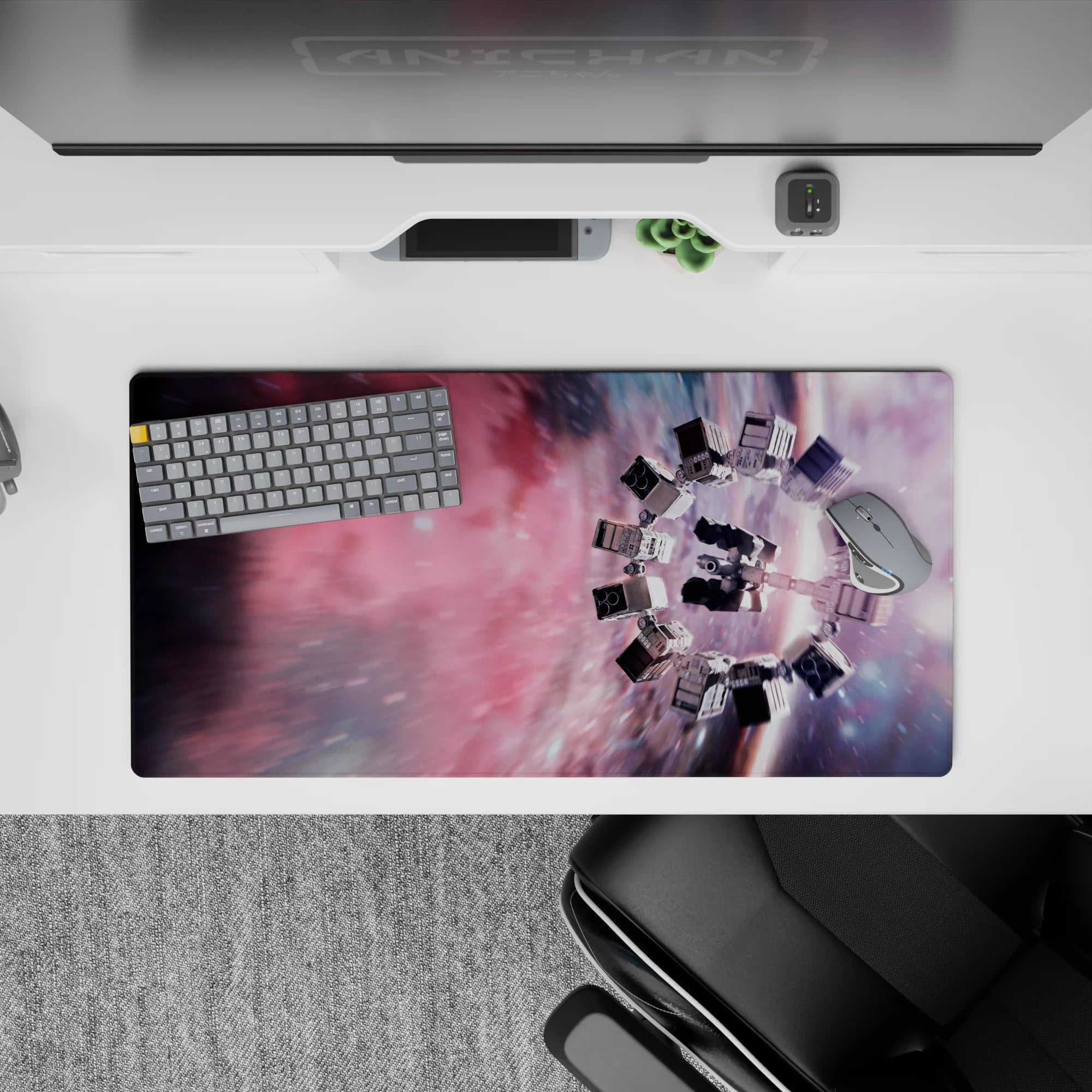 Rosy nebula and smoky violet swirl mouse pad, 32x16 inches, dreamy calm sci-fi desk vibe.