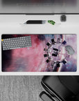Rosy nebula and smoky violet swirl mouse pad, 32x16 inches, dreamy calm sci-fi desk vibe.