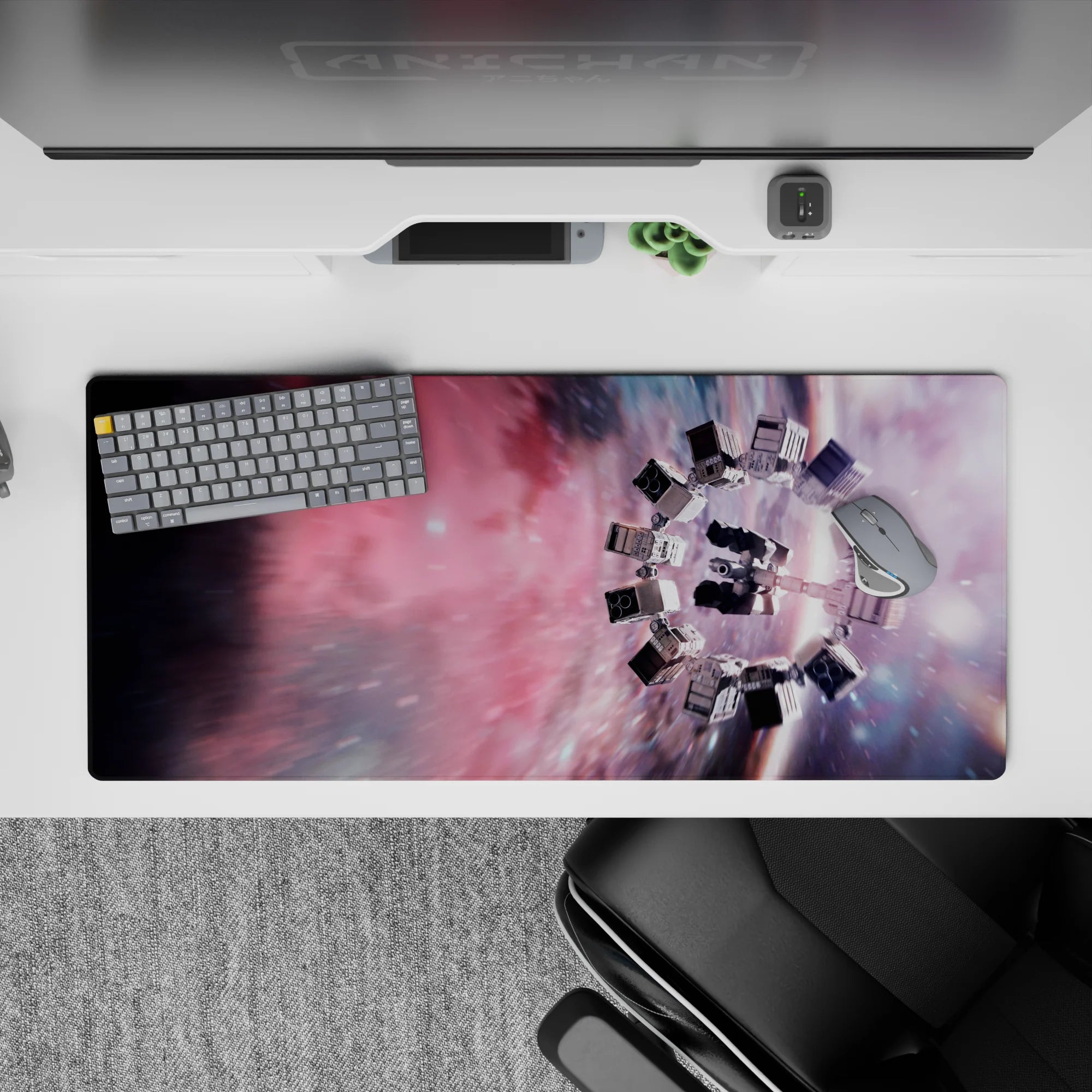 Rosy nebula and smoky violet gradient desk pad with calm sci-fi mood, 36x16 inches.