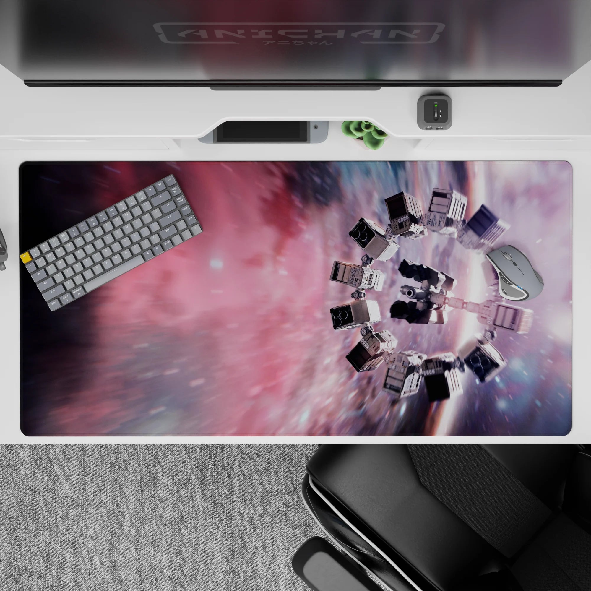 Rosy nebula and smoky violet desk pad, 40x20 inches, calm dreamy sci-fi gradient with soft blur.