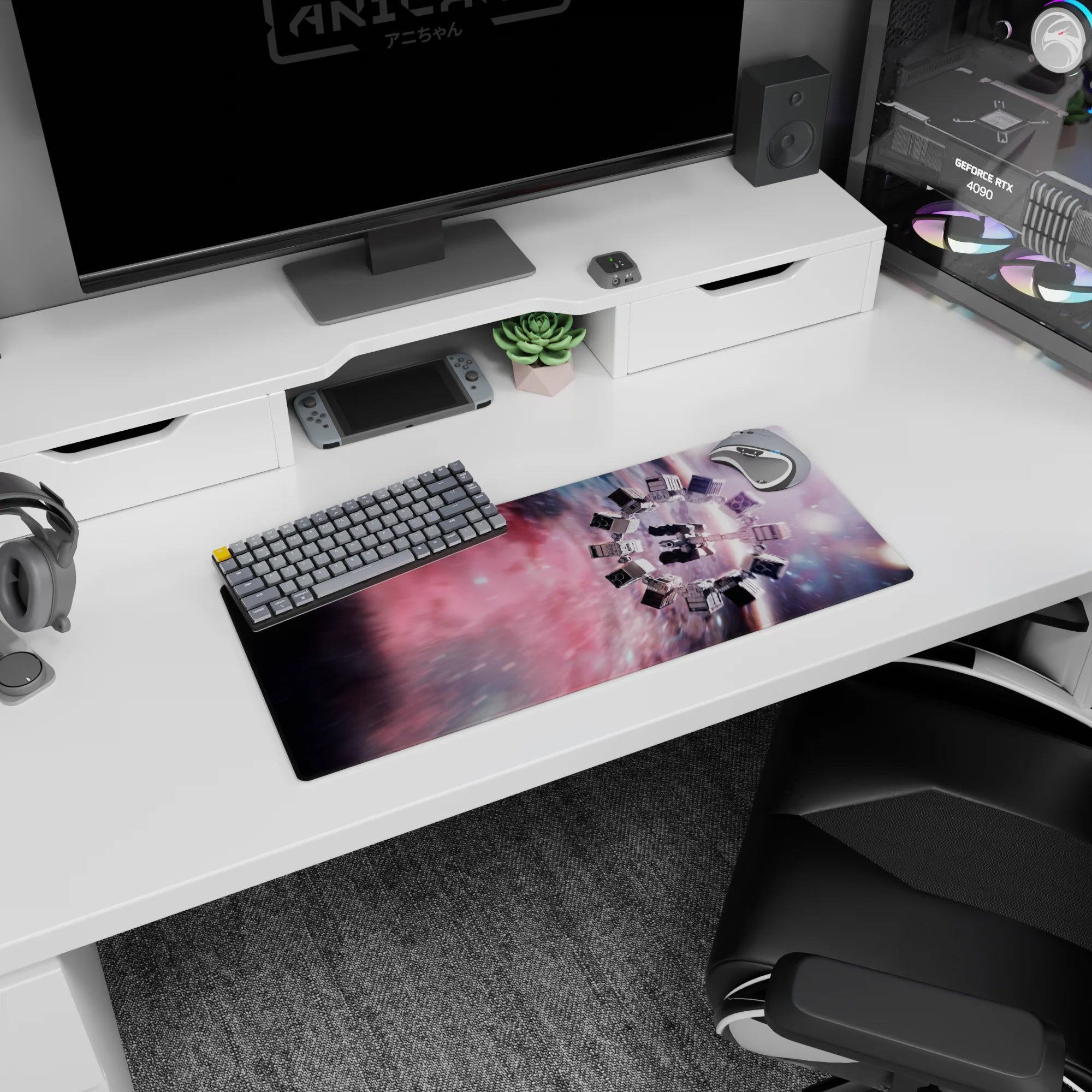 Spinning spaceship in streaky stars mouse pad, 28x12 inches, deep space scene for desks.
