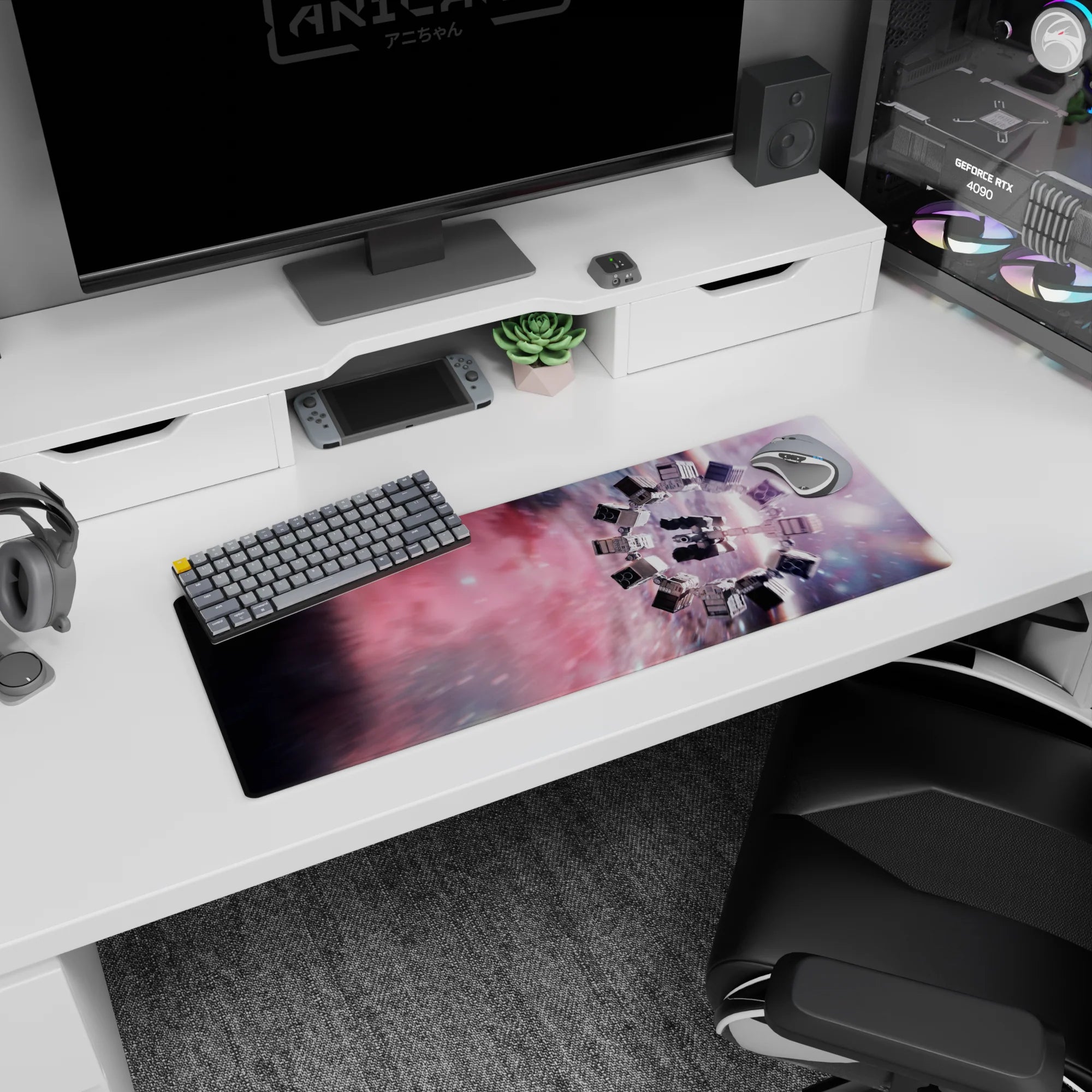 Spinning spacecraft flying through a starry nebula scene mouse pad, 32x12 inches, sci-fi desk pad.