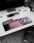 Spinning spacecraft flying through a starry nebula scene mouse pad, 32x12 inches, sci-fi desk pad.