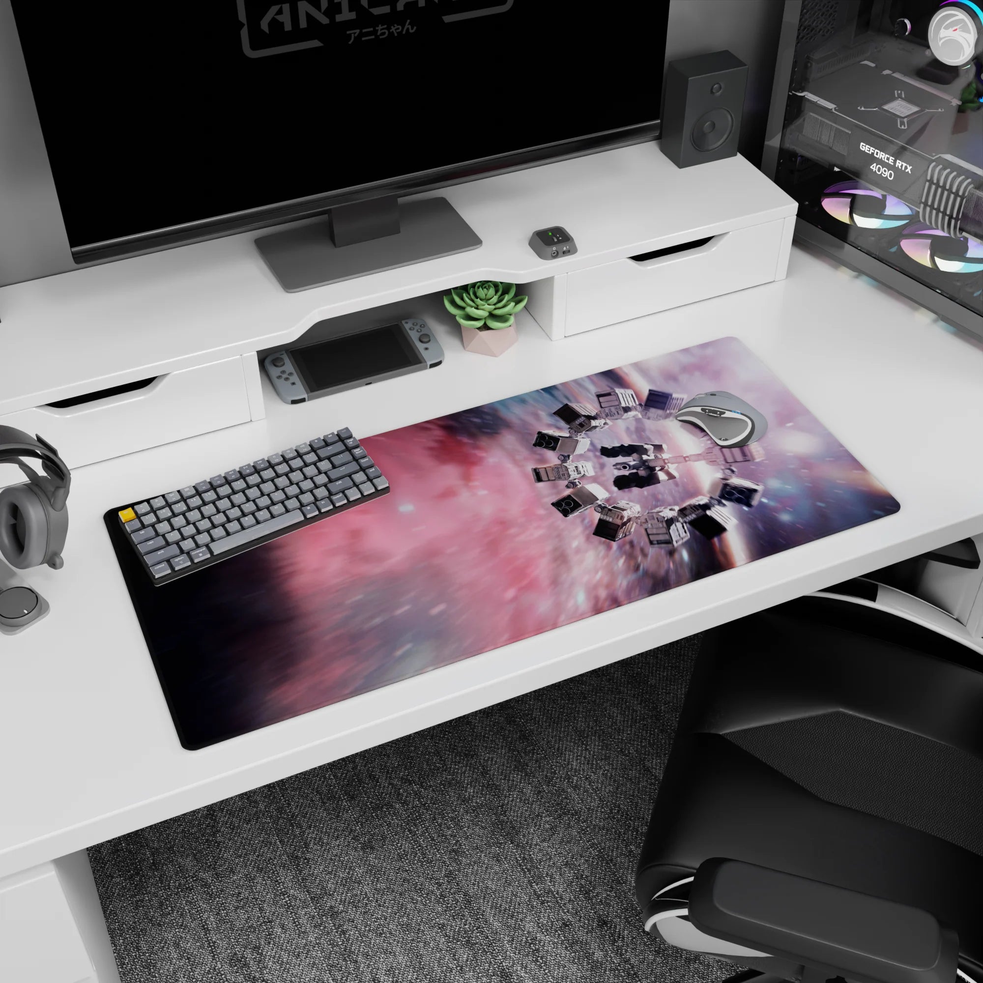 Spaceship spinning through a streaky starfield desk pad scene, 36x16 inches.