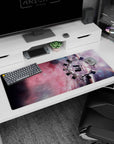 Spaceship spinning through a streaky starfield desk pad scene, 36x16 inches.