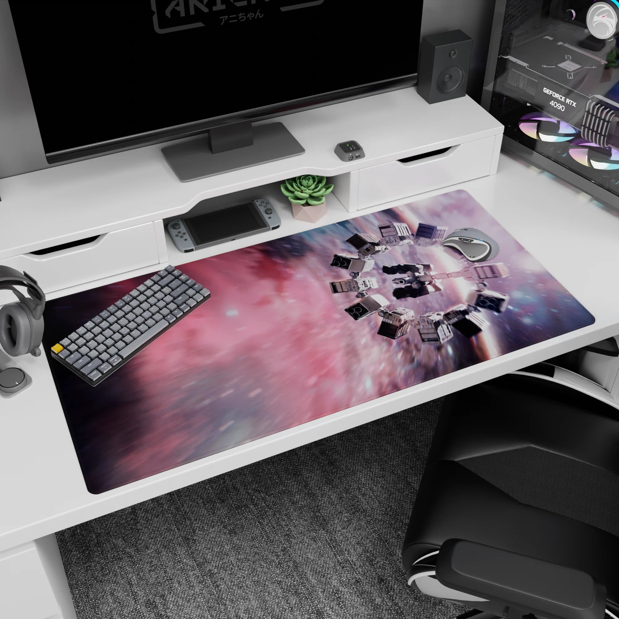 Spaceship in a spinning cosmic nebula desk pad, 40x20 inches, with fast streaking starfield.