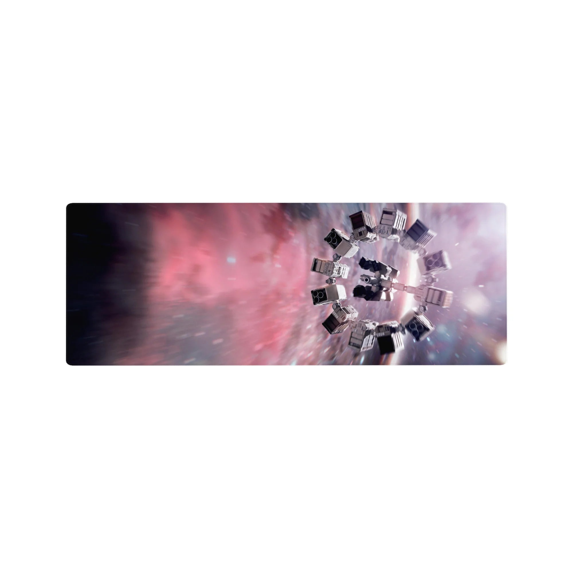 Cosmic nebula spaceship desk mouse pad, 32x12 inches, with swirling stars and soft blurred space backdrop.