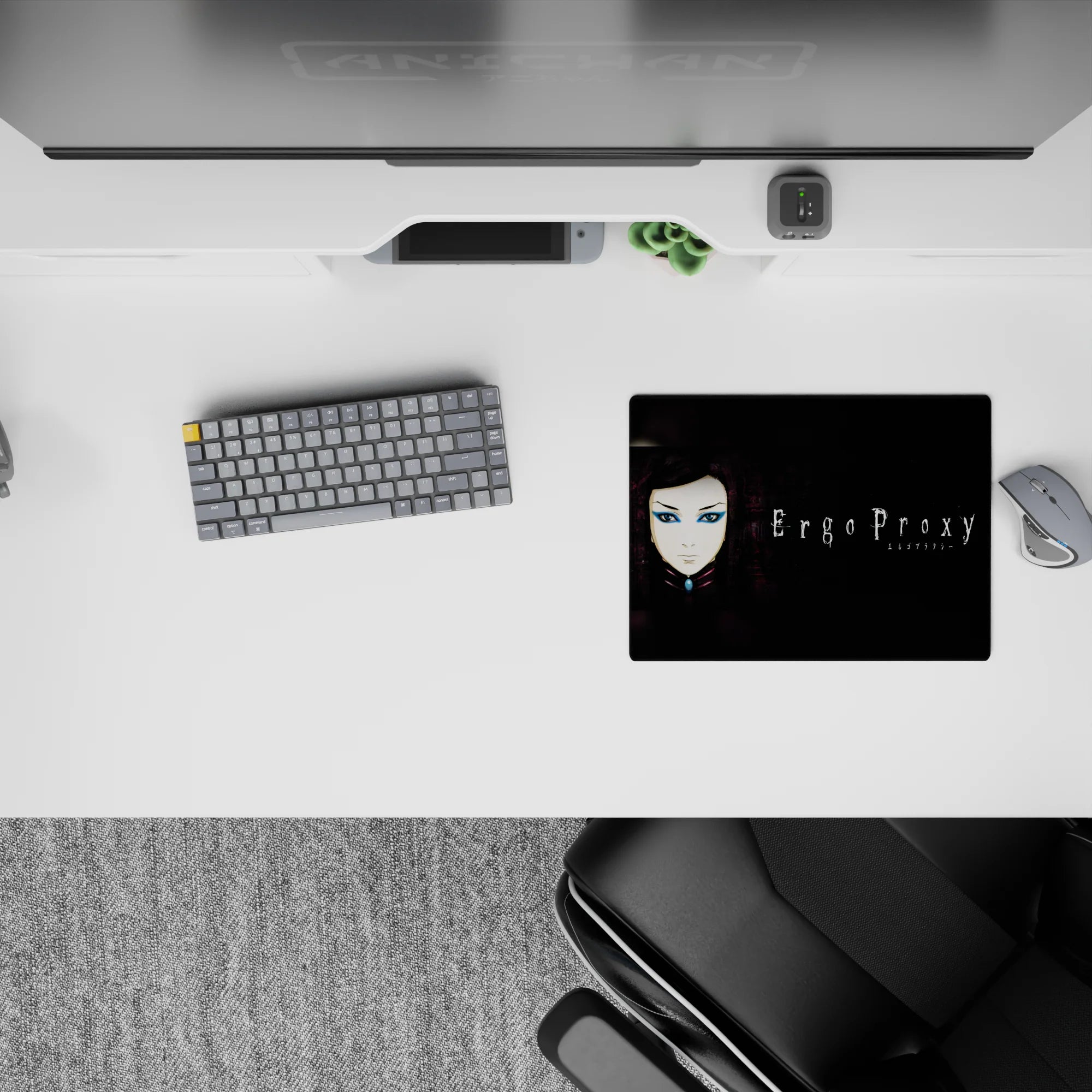 Moody black and worn purple anime desk pad 14x10 inches with pale tones and cool blue eye shadow pop.