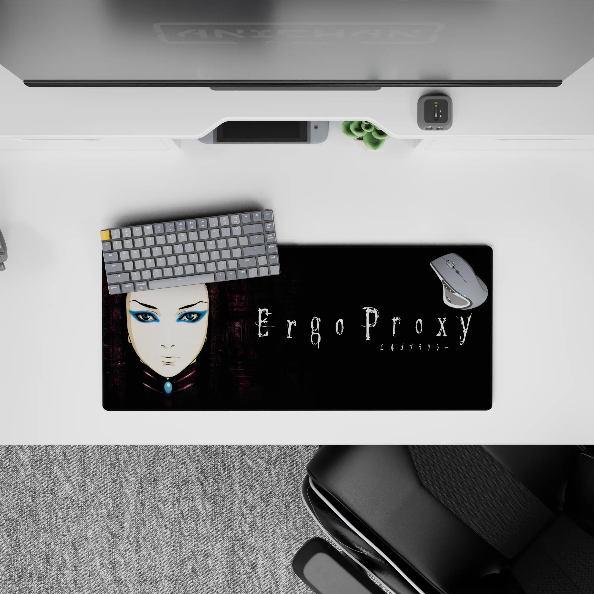 28x12 inches moody mouse pad in black and distressed purple with pale skin tones and blue eye shadow pop.