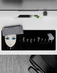 32x12 inches desk pad in moody inky black with worn purple tones, sharp eyeliner, and blue eyeshadow.