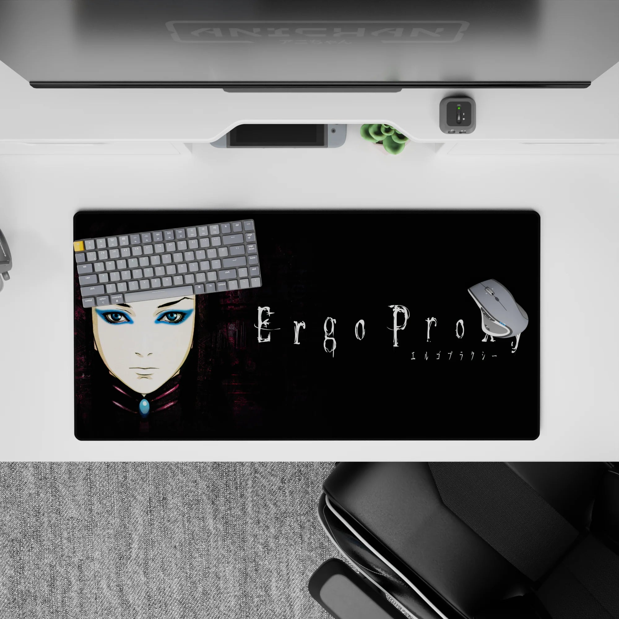 32x16 inches anime desk pad in moody black and purple tones with pale skin, sharp liner, blue eyeshadow pop.