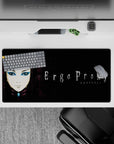 32x16 inches anime desk pad in moody black and purple tones with pale skin, sharp liner, blue eyeshadow pop.