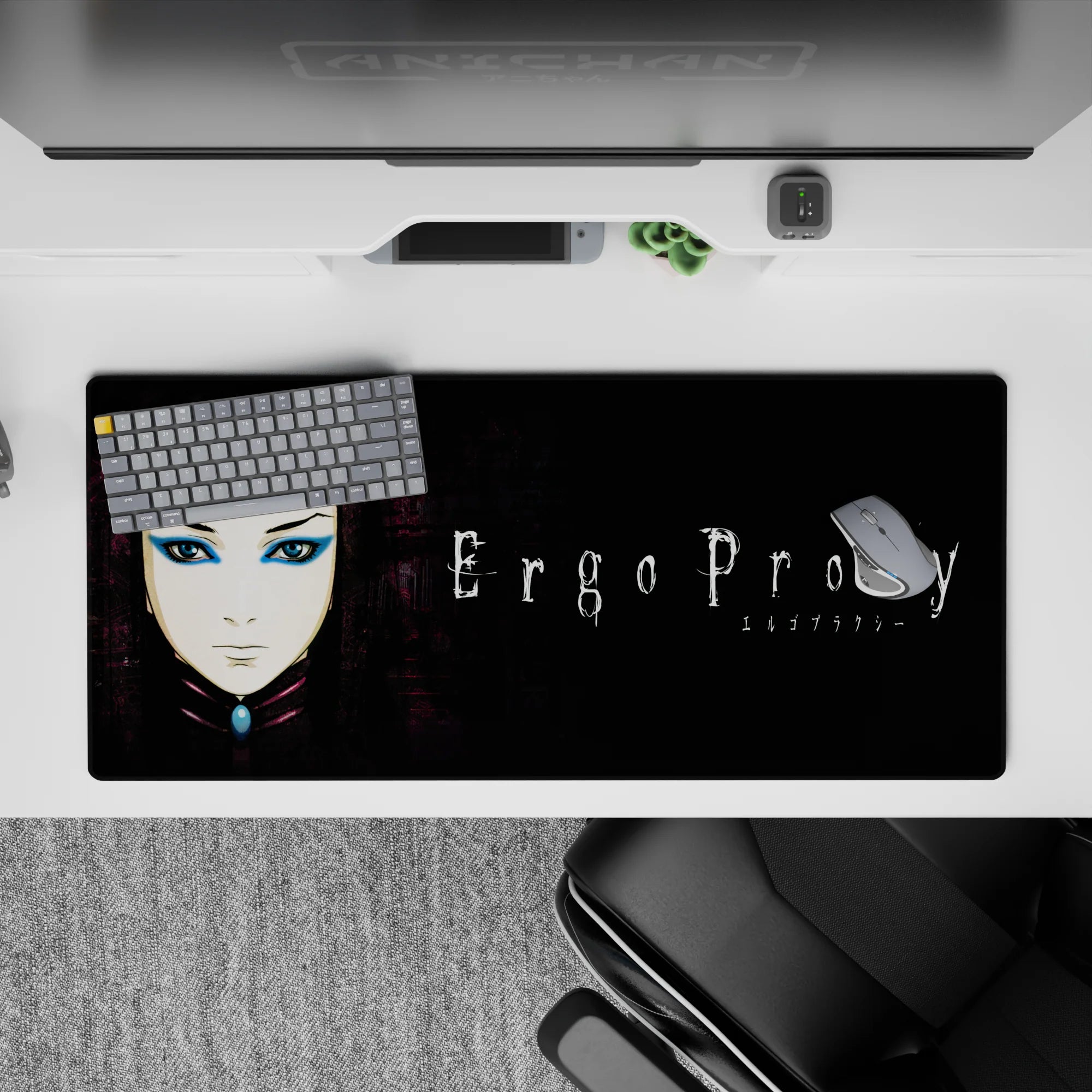 36x16 inches desk pad in moody black and faded purple with pale skin tones and cool blue eyeshadow pop.