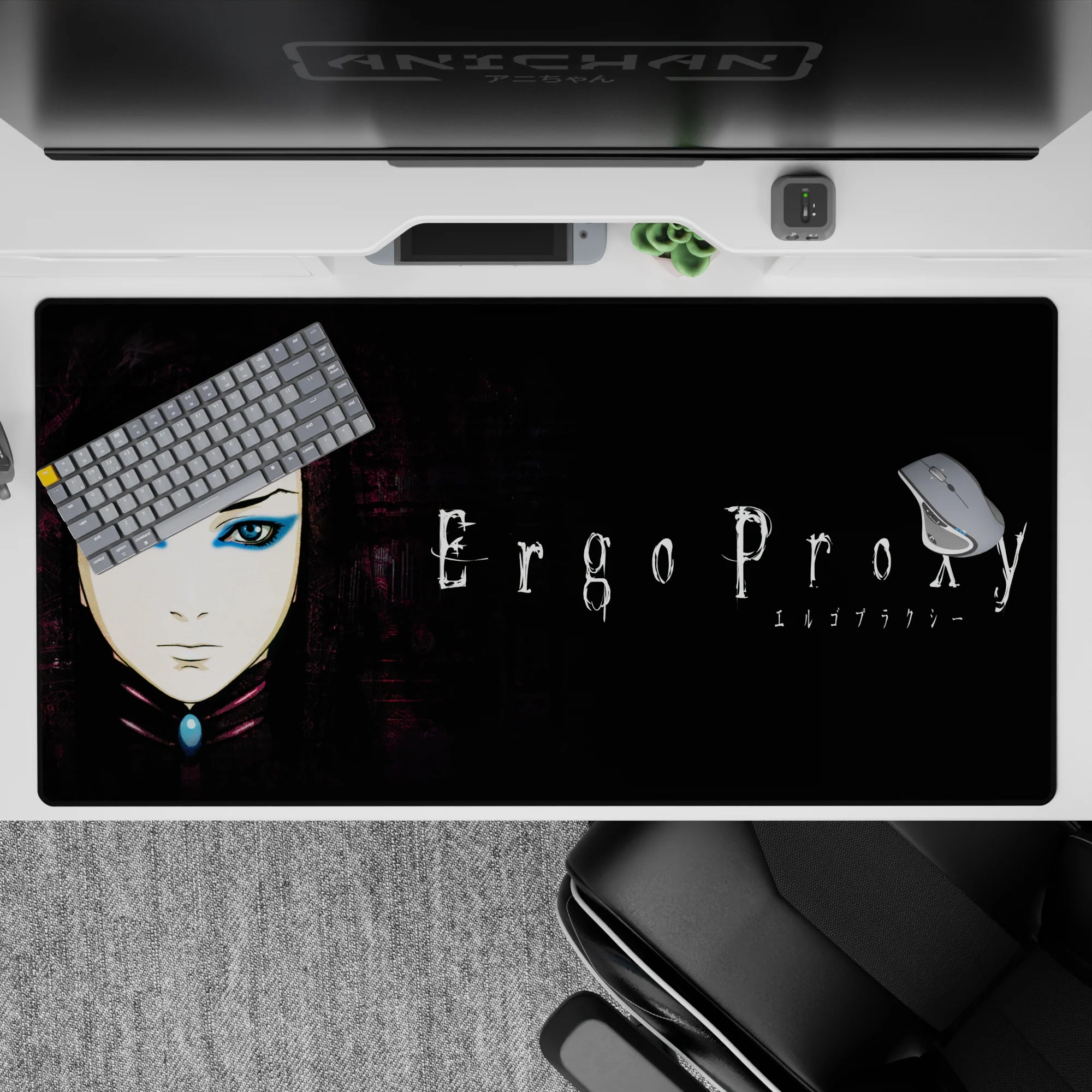 40x20 inches Ergo Proxy desk pad in moody black and rainy purple tones with cool blue eye shadow pop.