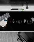 40x20 inches Ergo Proxy desk pad in moody black and rainy purple tones with cool blue eye shadow pop.