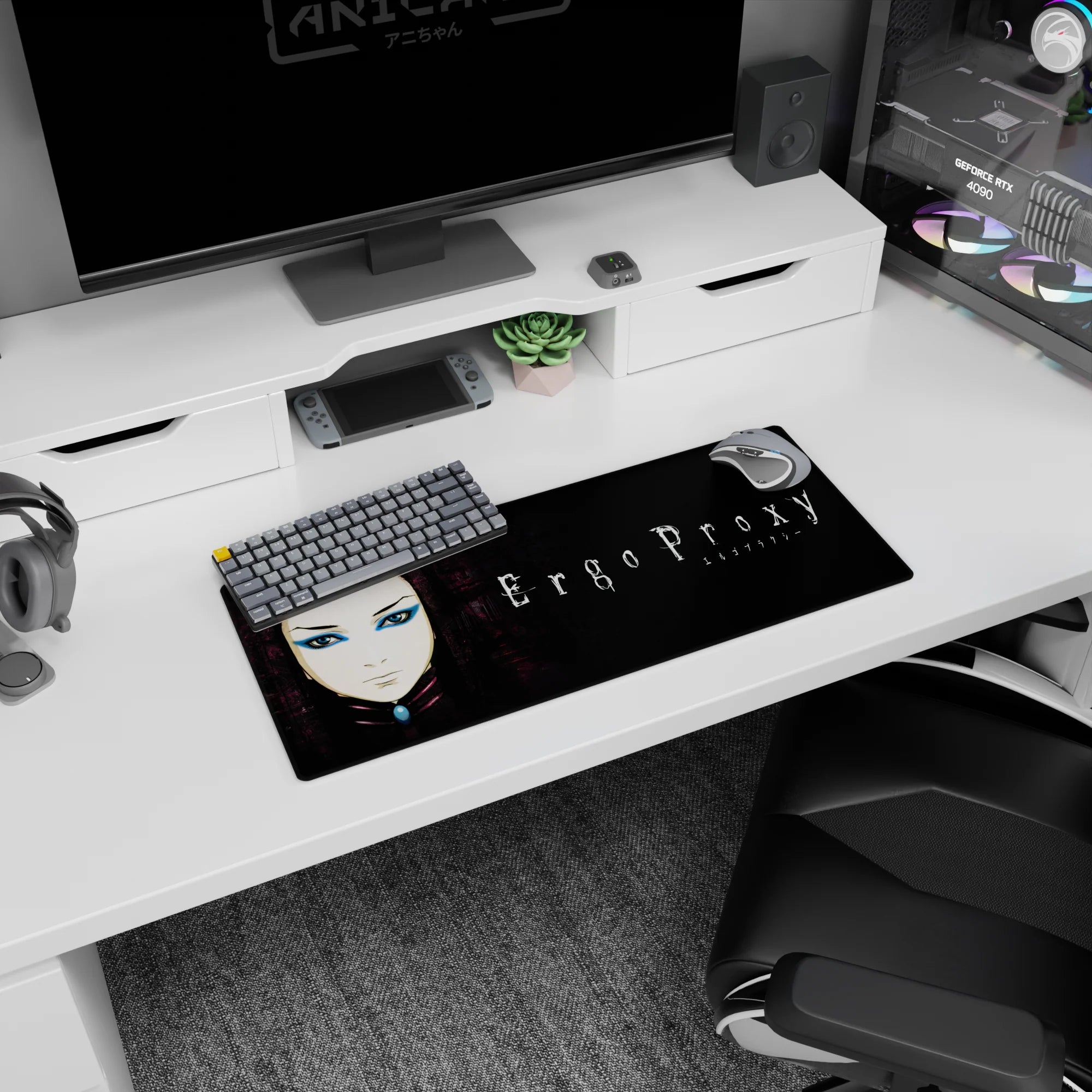 28x12 inches Ergo Proxy desk pad showing Re-L Mayer staring forward with sharp eyeliner against rainy alley vibes.