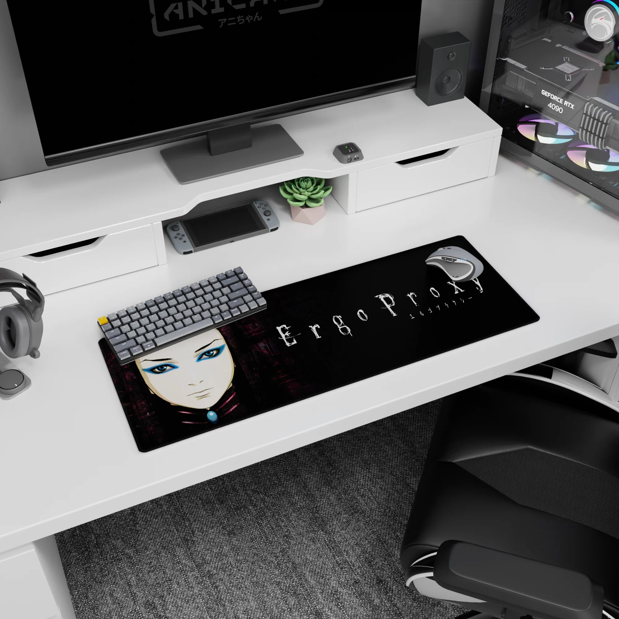 32x12 inches Ergo Proxy mouse pad featuring Re-L Mayer staring forward, pale skin and intense gaze.