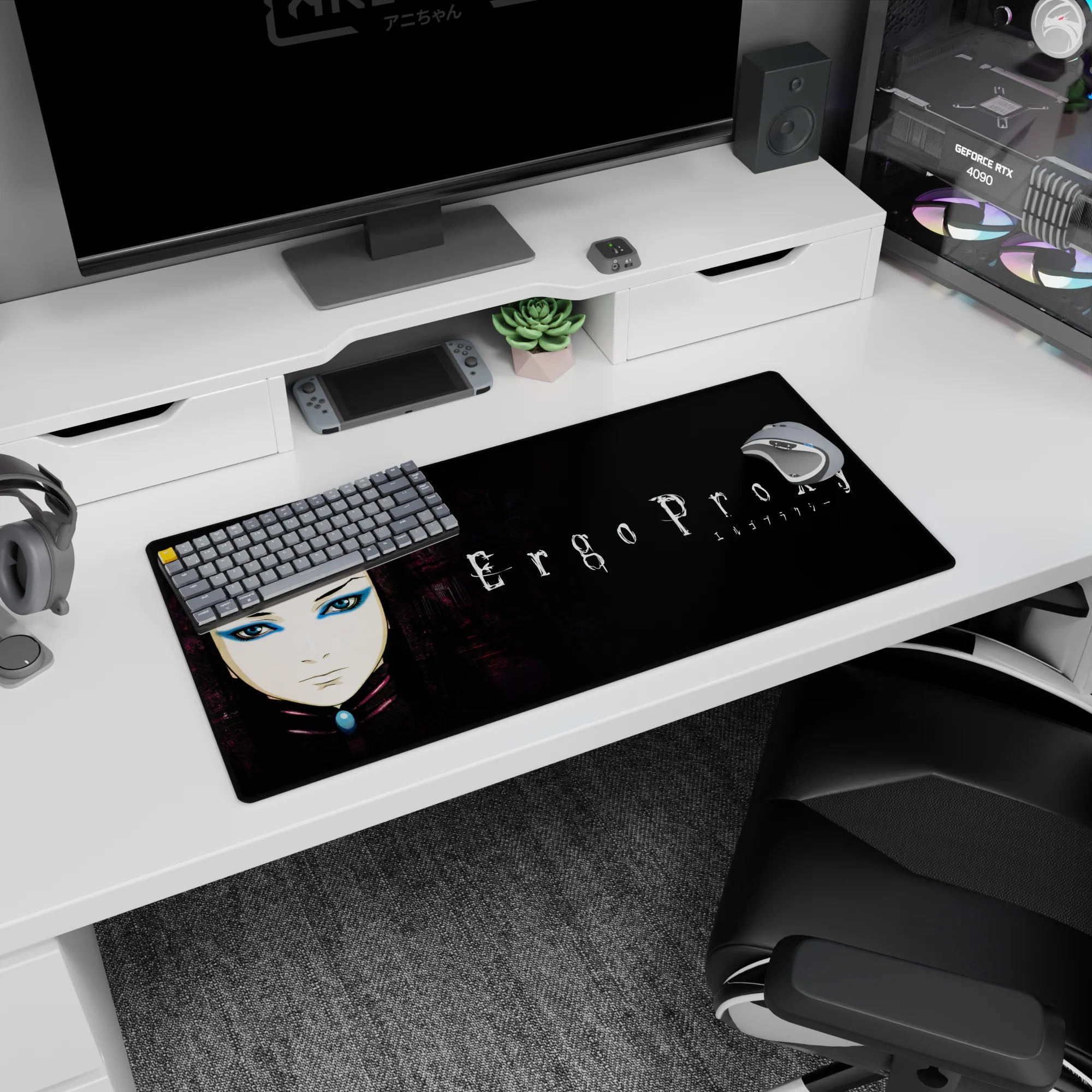 32x16 inches Ergo Proxy mouse pad showing Re-L Mayer staring forward, rainy alley wall texture behind her.