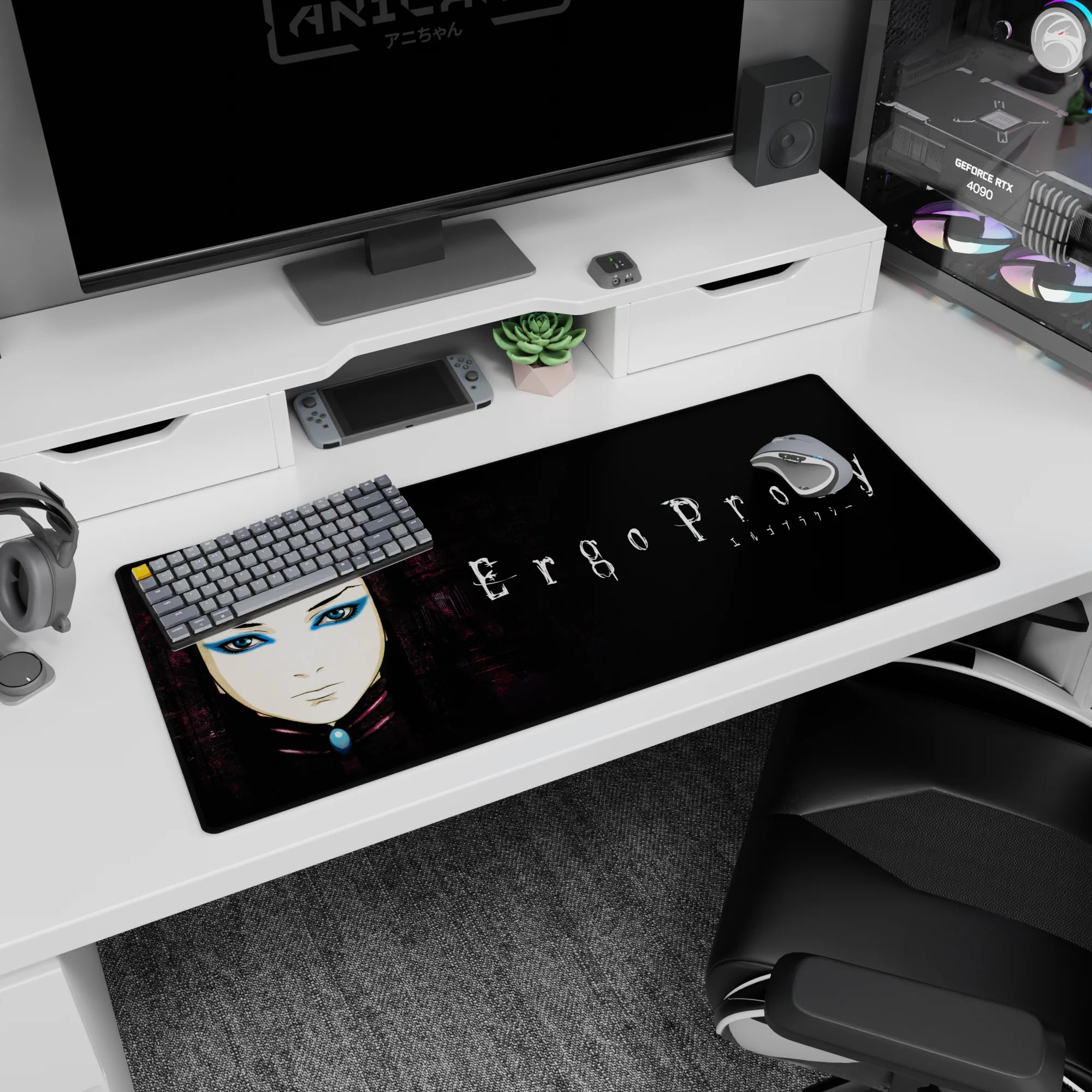 36x16 inches Ergo Proxy desk pad showing Re-L Mayer staring forward with sharp eyeliner on rainy alley wall.