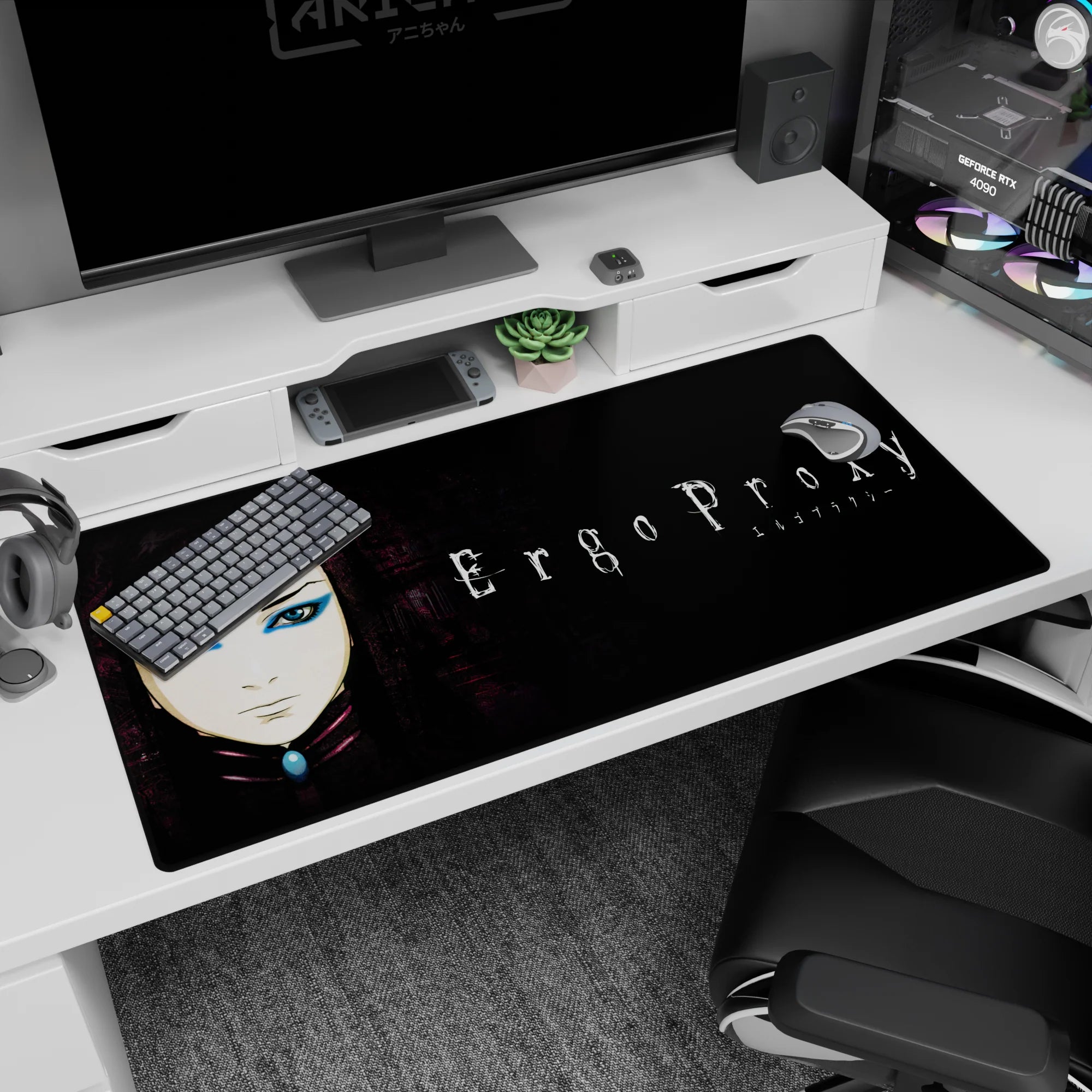 40x20 inches desk pad showing Re-L Mayer staring forward, sharp eyeliner on a gritty alley-wall backdrop.