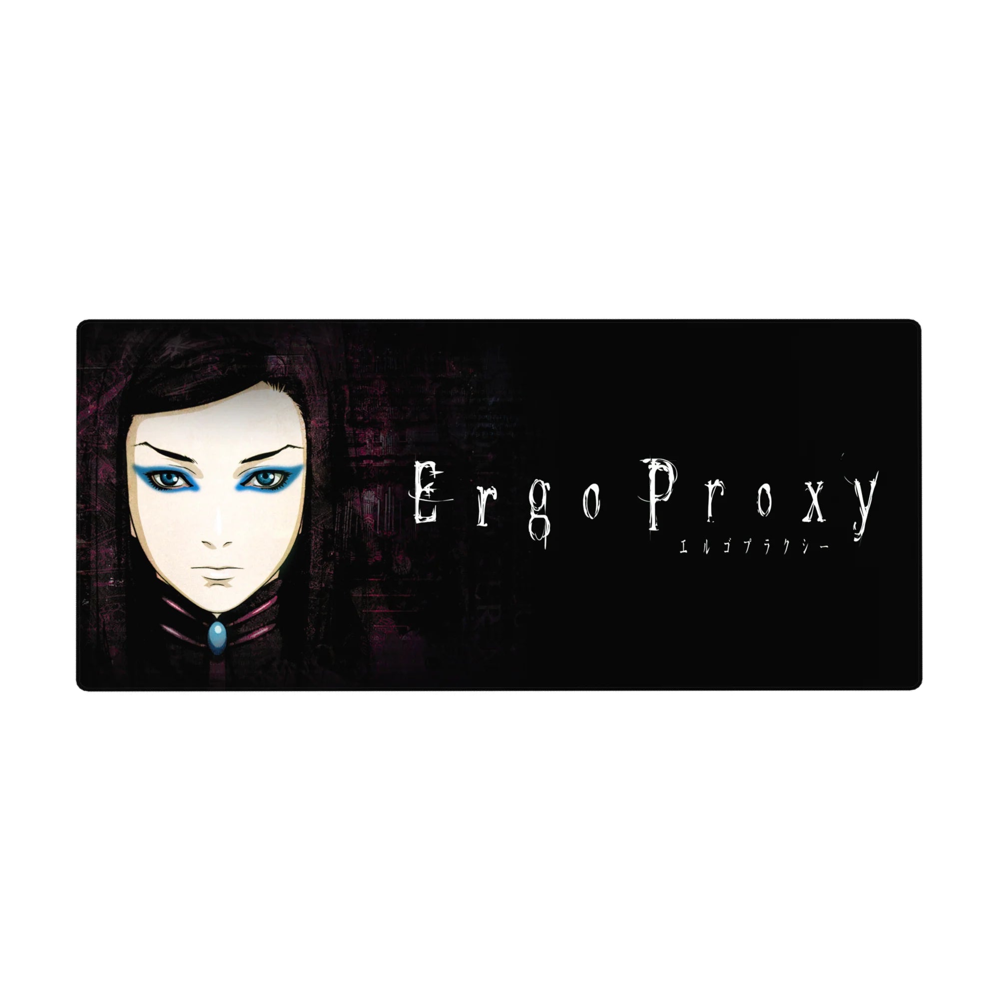 36x16 inches anime girl desk pad with Re-L Mayer portrait on inky black, worn purple textured backdrop.