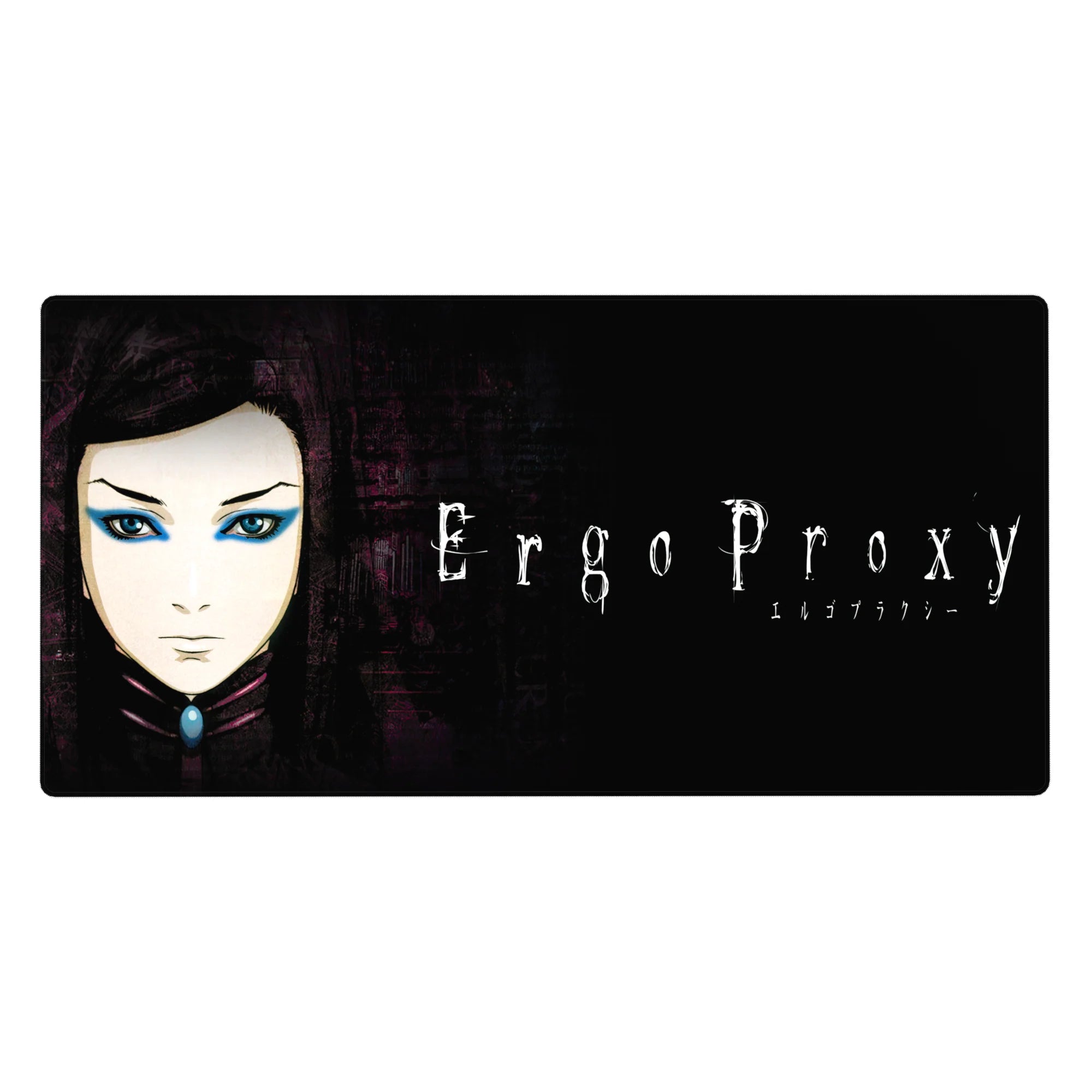 40x20 inches anime girl desk pad with Re-L Mayer portrait on inky black and worn purple background.