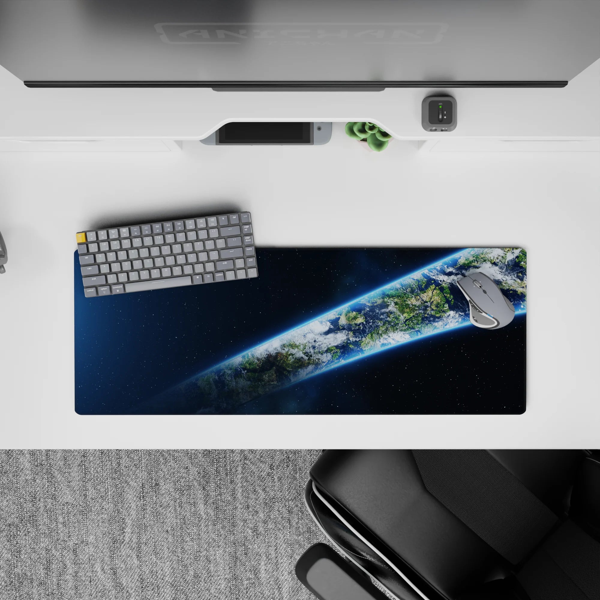 Midnight blue calming space-themed mouse pad 32x12 inches with inky tones, tiny stars, neon halo.