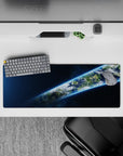 Midnight blue calming space-themed mouse pad 32x12 inches with inky tones, tiny stars, neon halo.
