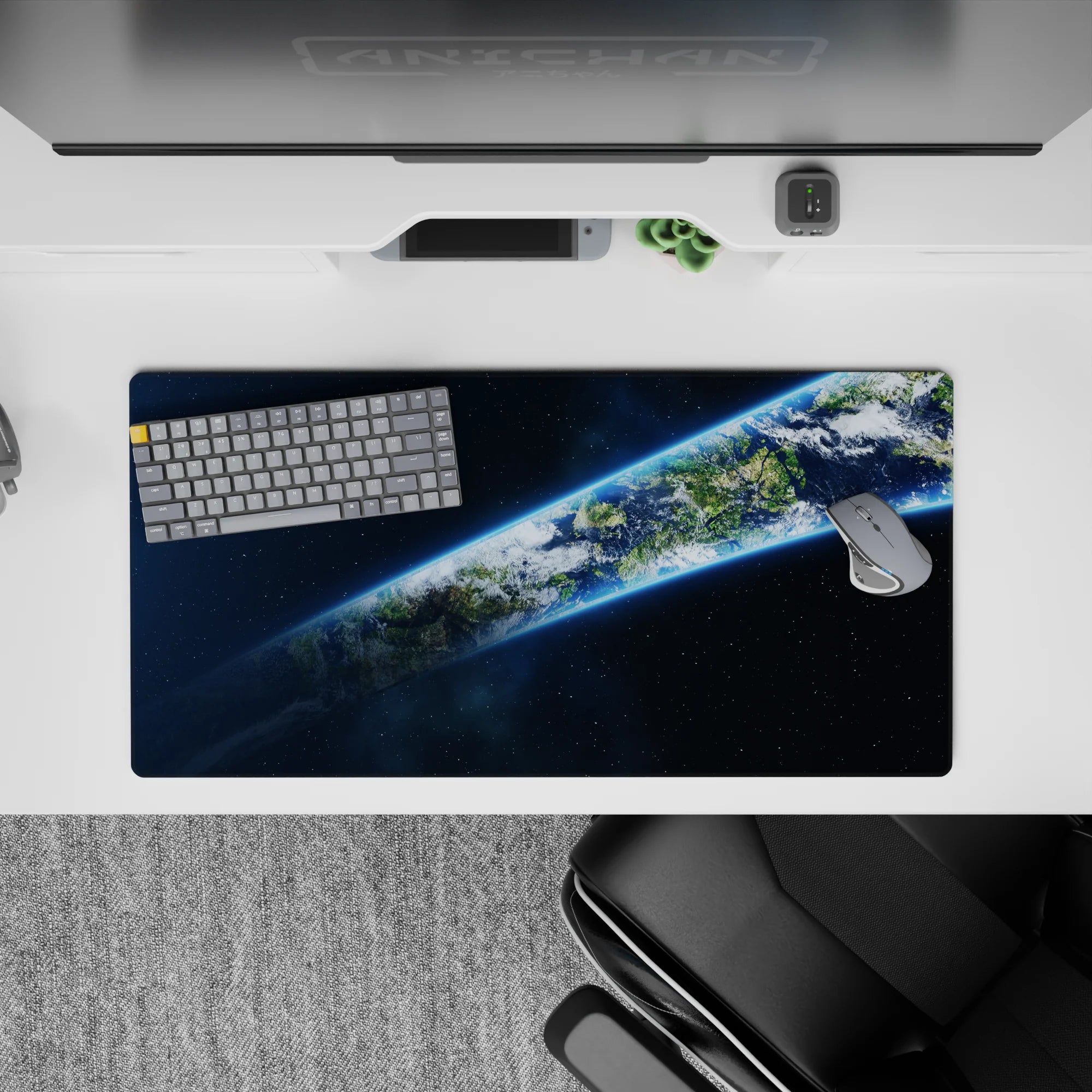 Midnight blue neon glow space mouse pad 32x16 inches, calm starry gradient with cool Earth halo.