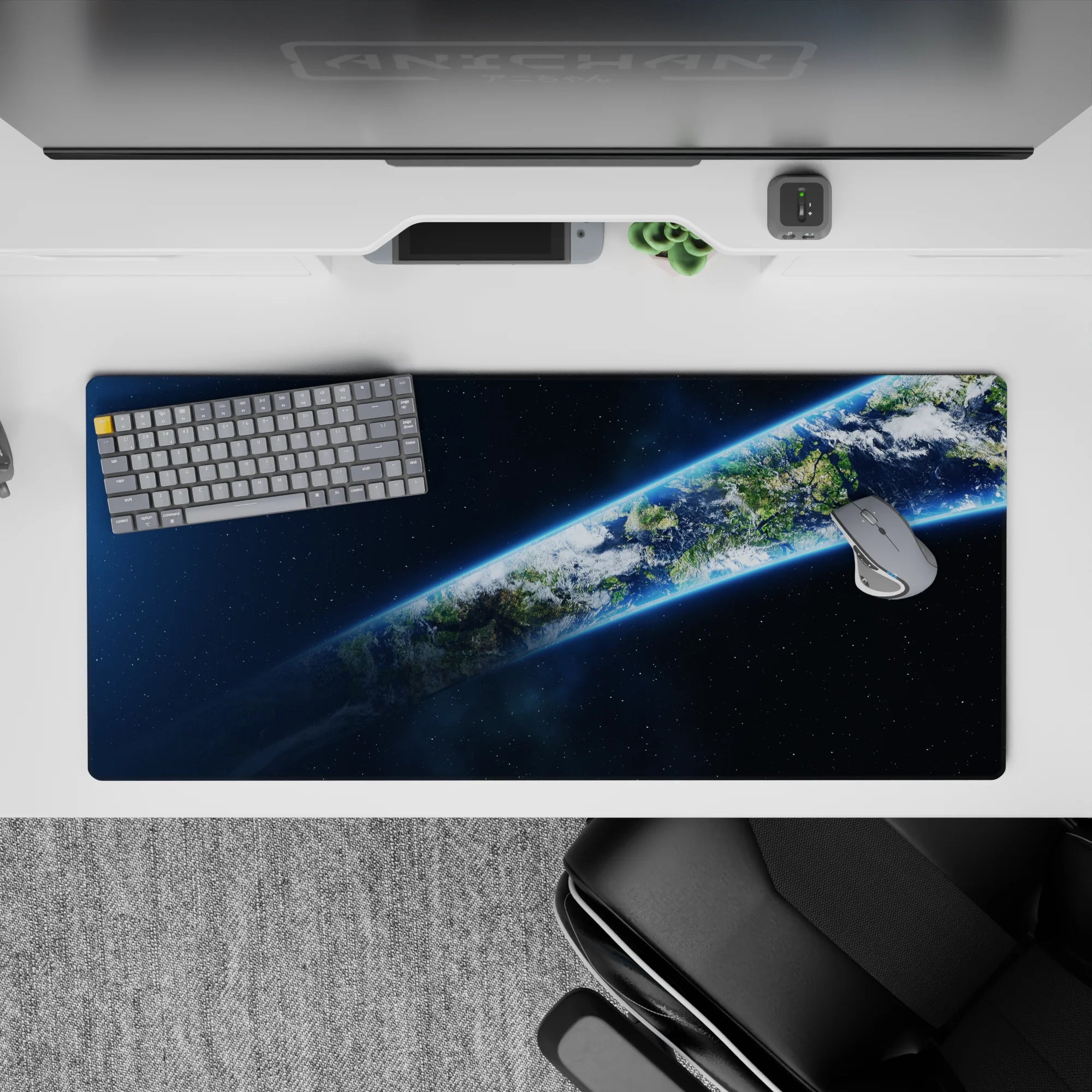 Midnight blue and inky black 36x16 inches desk pad mouse pad with calm neon glow and tiny stars.