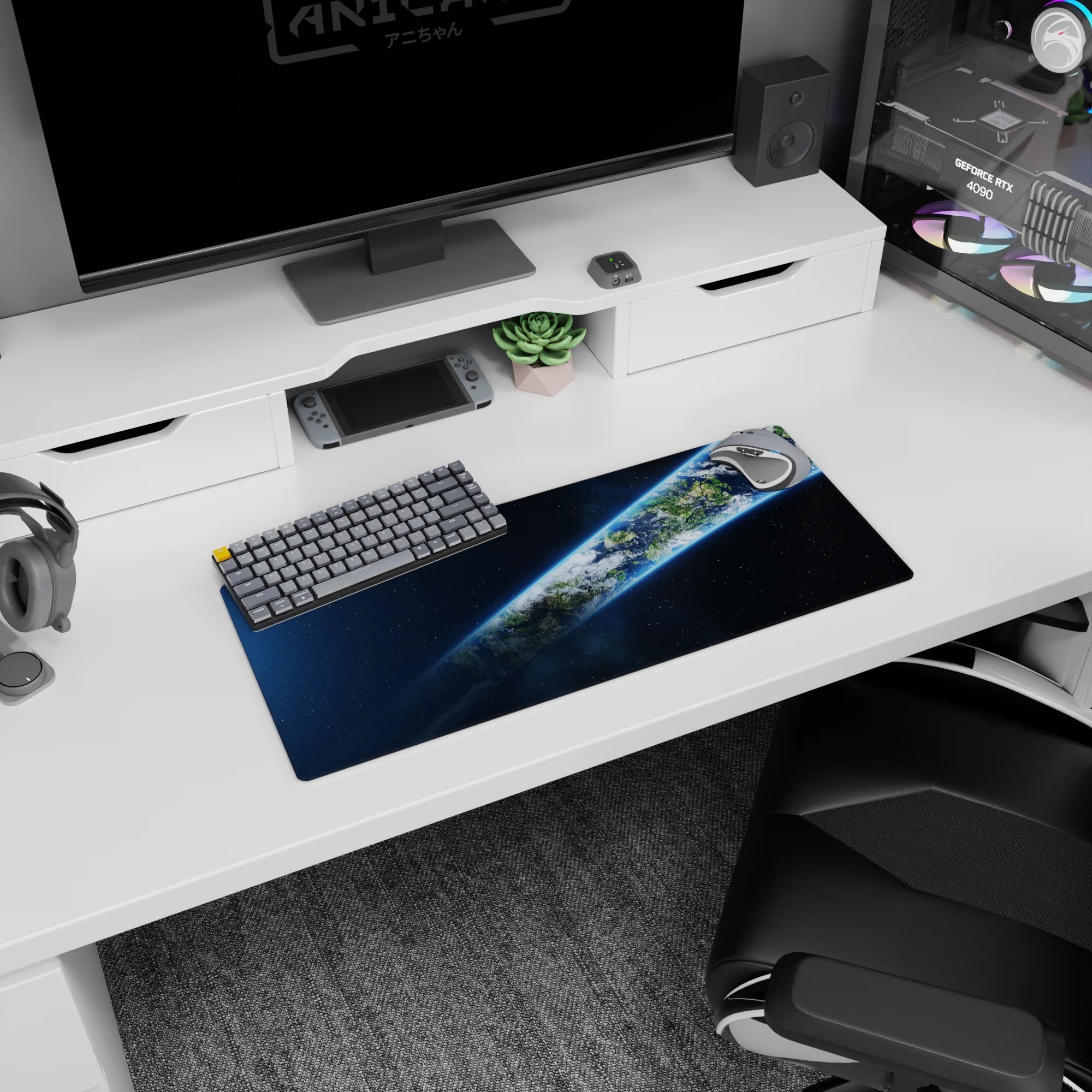 Earth in orbit scene mouse pad 28x12 inches showing crisp clouds, oceans, and green land in space.