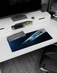 Earth in orbit scene mouse pad 28x12 inches showing crisp clouds, oceans, and green land in space.