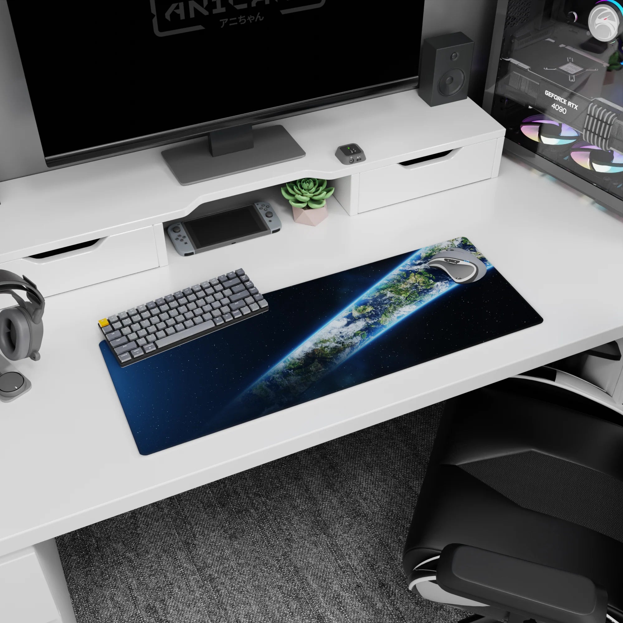 Earth cutting a bright tilted ribbon through space mouse pad 32x12 inches, with crisp clouds and stars.