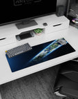 Earth cutting a bright tilted ribbon through space mouse pad 32x12 inches, with crisp clouds and stars.