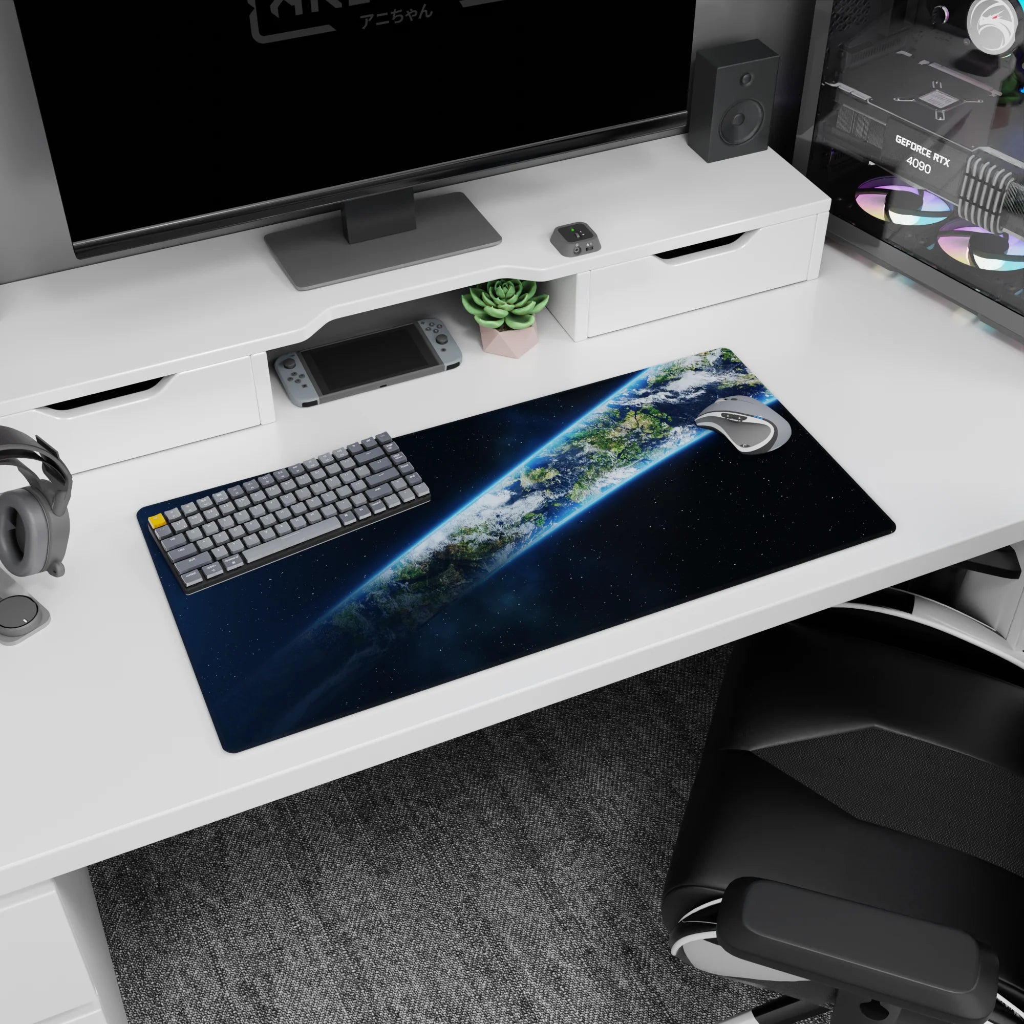 Tilted Earth ribbon through dark space mouse pad 32x16 inches, crisp clouds over oceans and land.