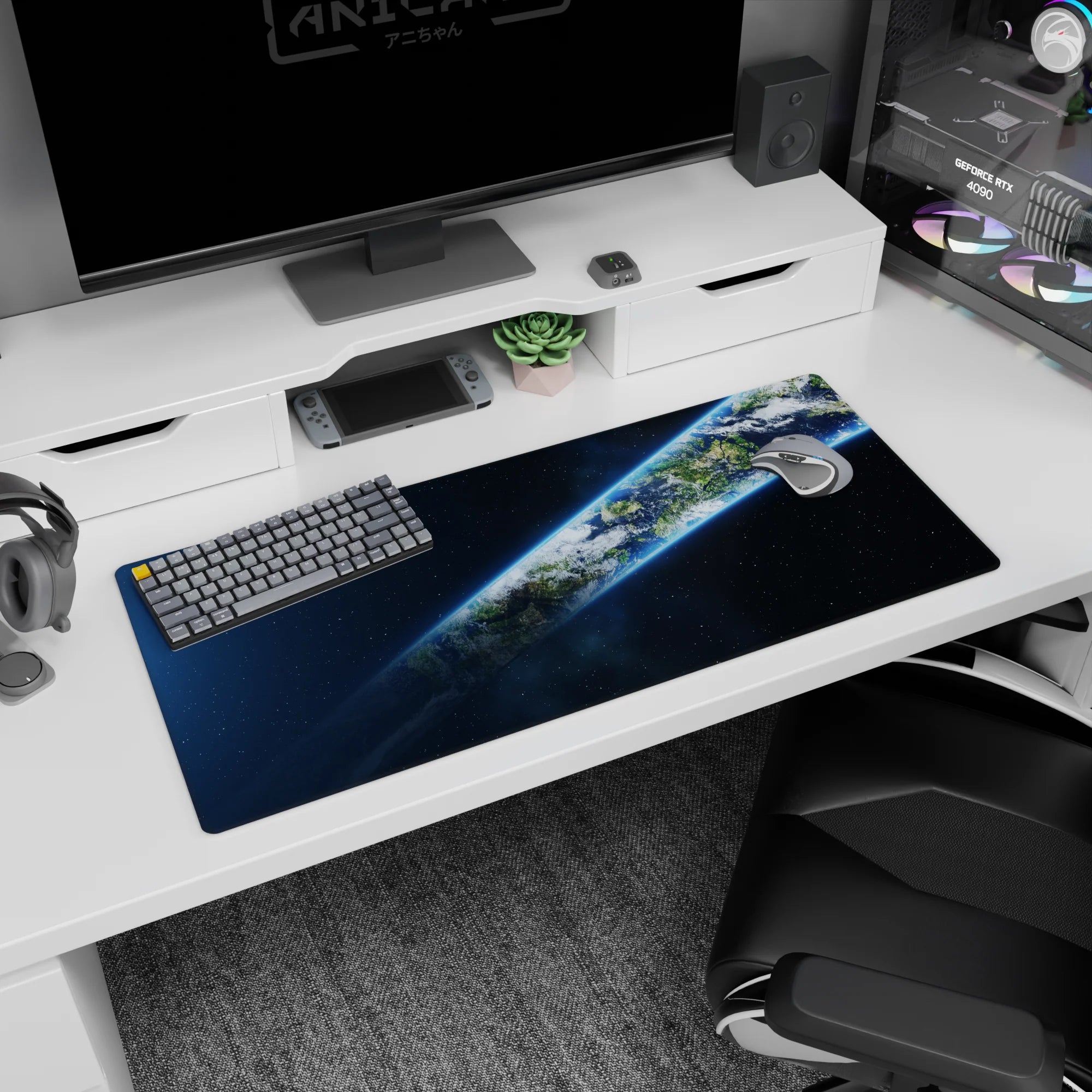 Planet Earth ribboning through dark space on a 36x16 inches desk pad mouse pad, with crisp clouds and stars.