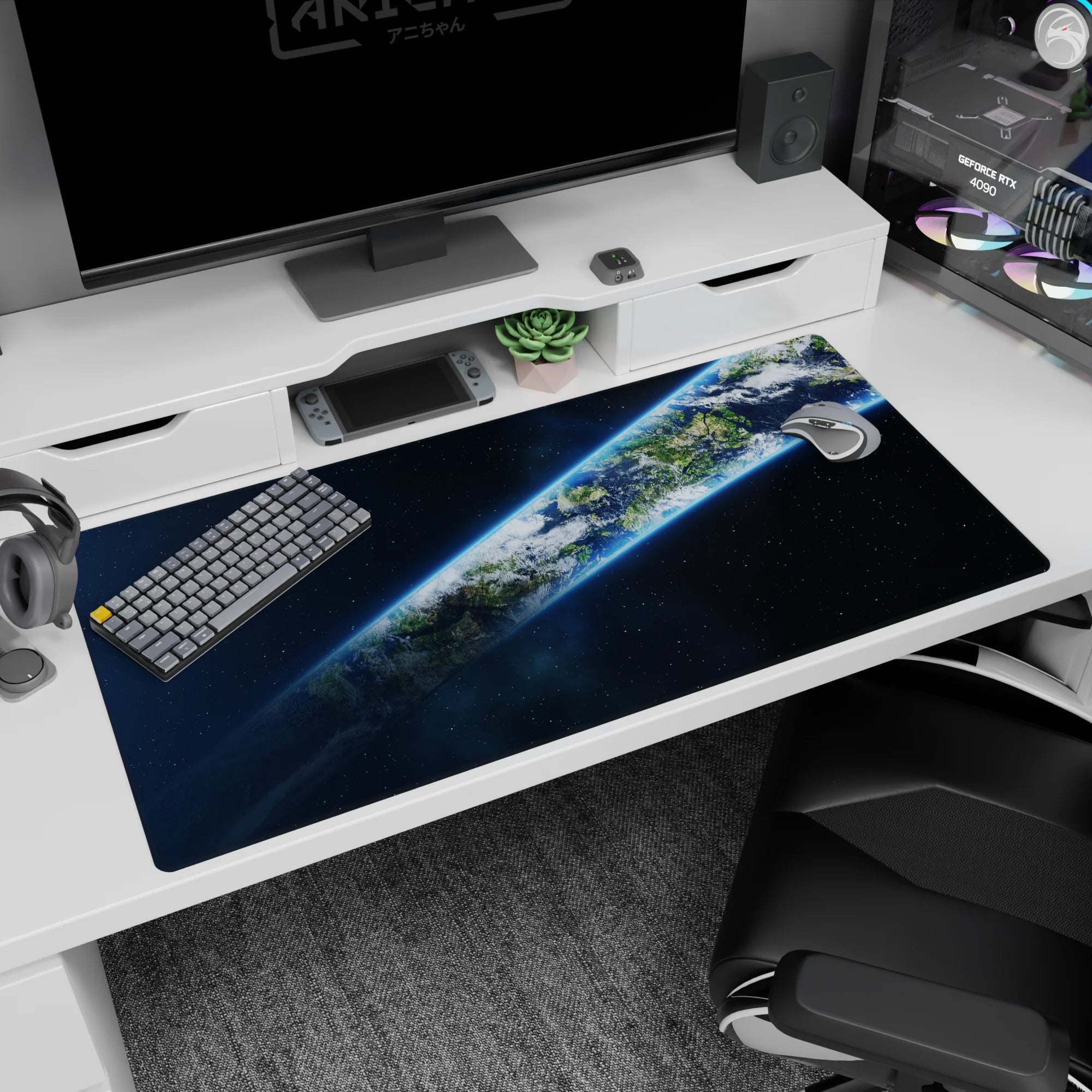 Earth slicing a bright tilted ribbon through space desk pad 40x20 inches with crisp clouds and stars.