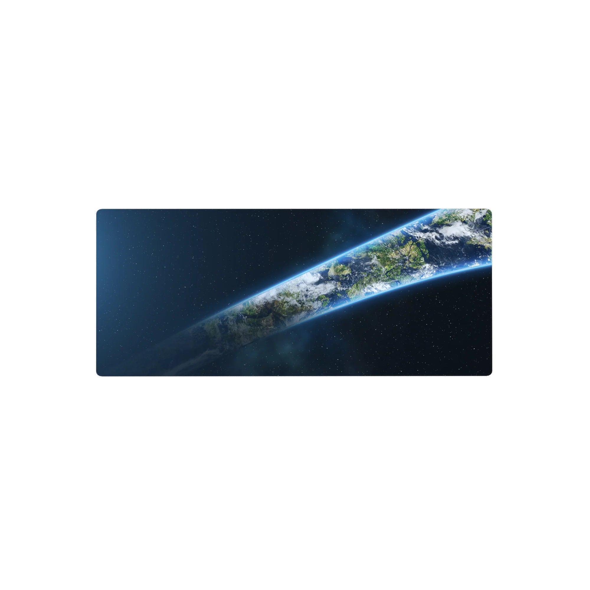 Galaxy Earth desk mouse pad 28x12 inches with tilted planet ribbon, stars, and cloud textures.