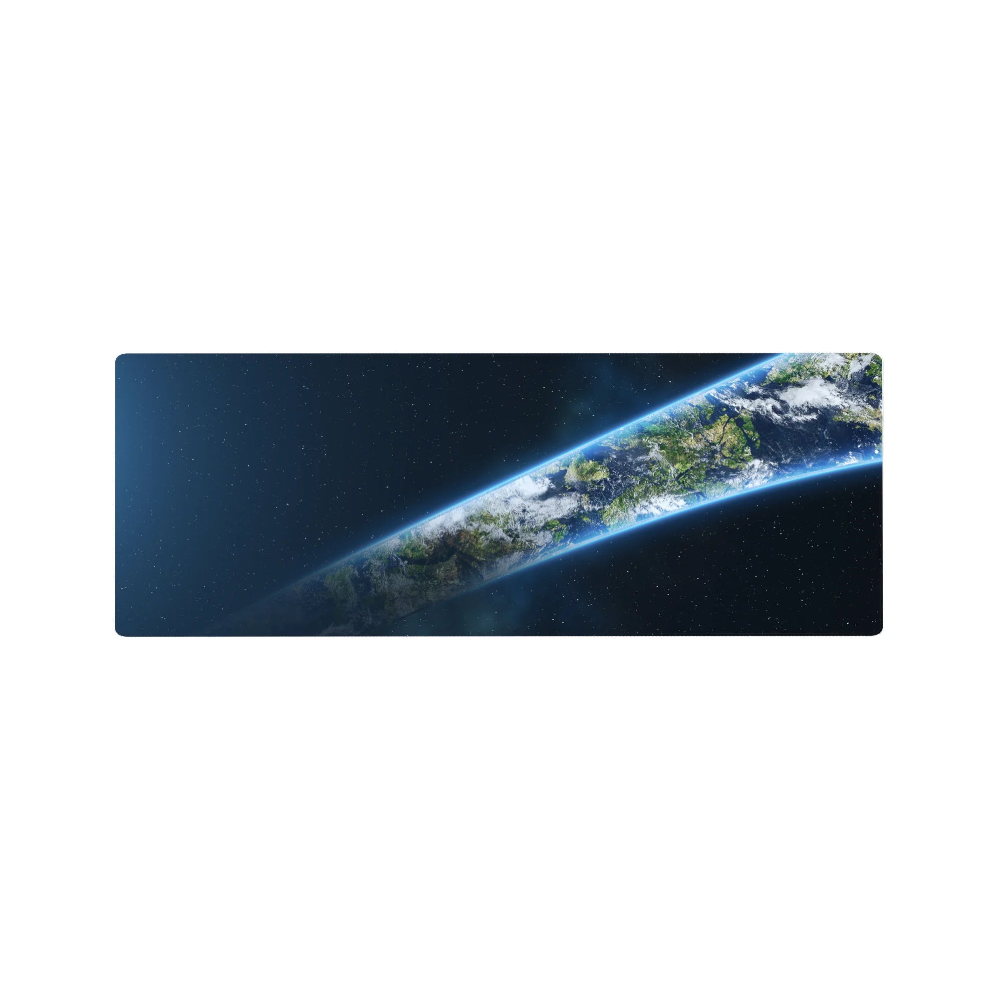 Galaxy Earth orbit desk mouse pad 32x12 inches with stars, clouds, ocean and neon glow edge.