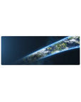 Galaxy Earth orbit desk mouse pad 32x12 inches with stars, clouds, ocean and neon glow edge.