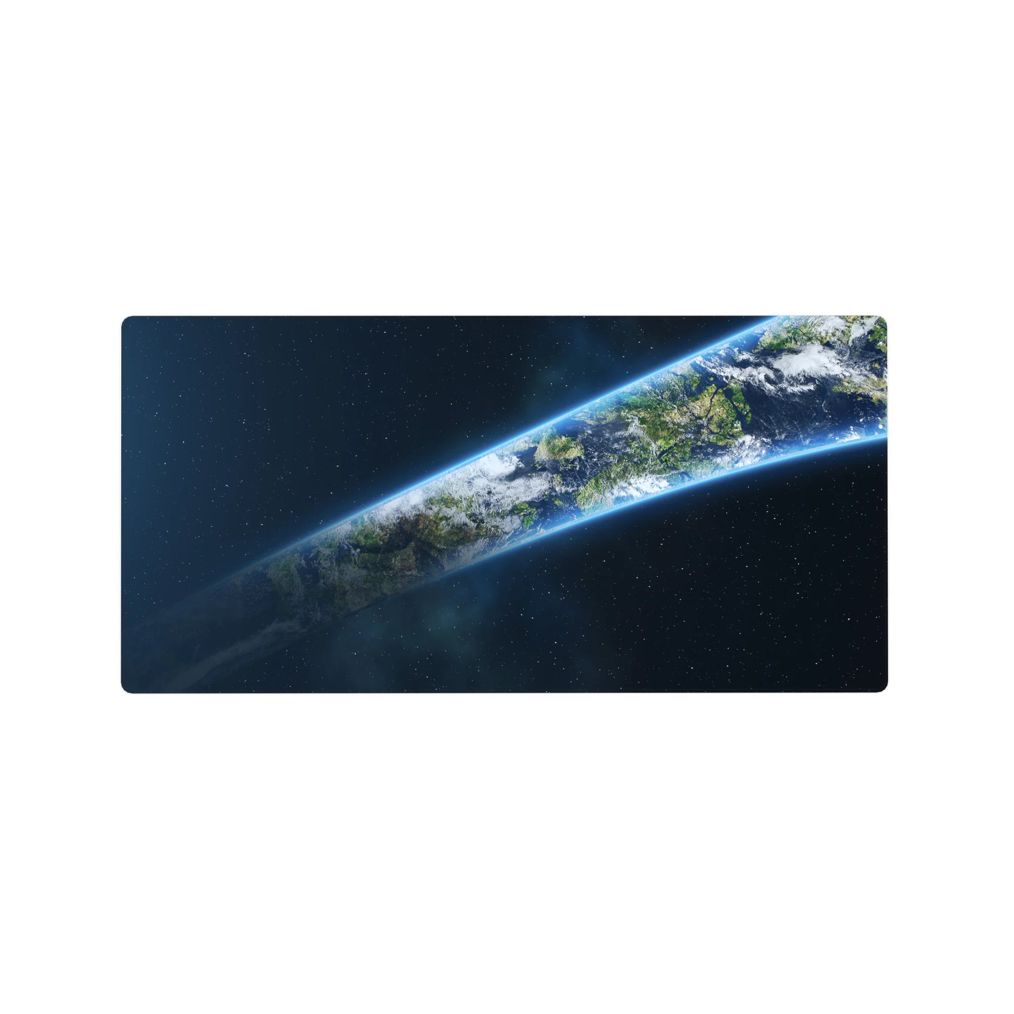 Earth from orbit galaxy desk mouse pad 32x16 inches with stars, clouds, and glowing planet edge.