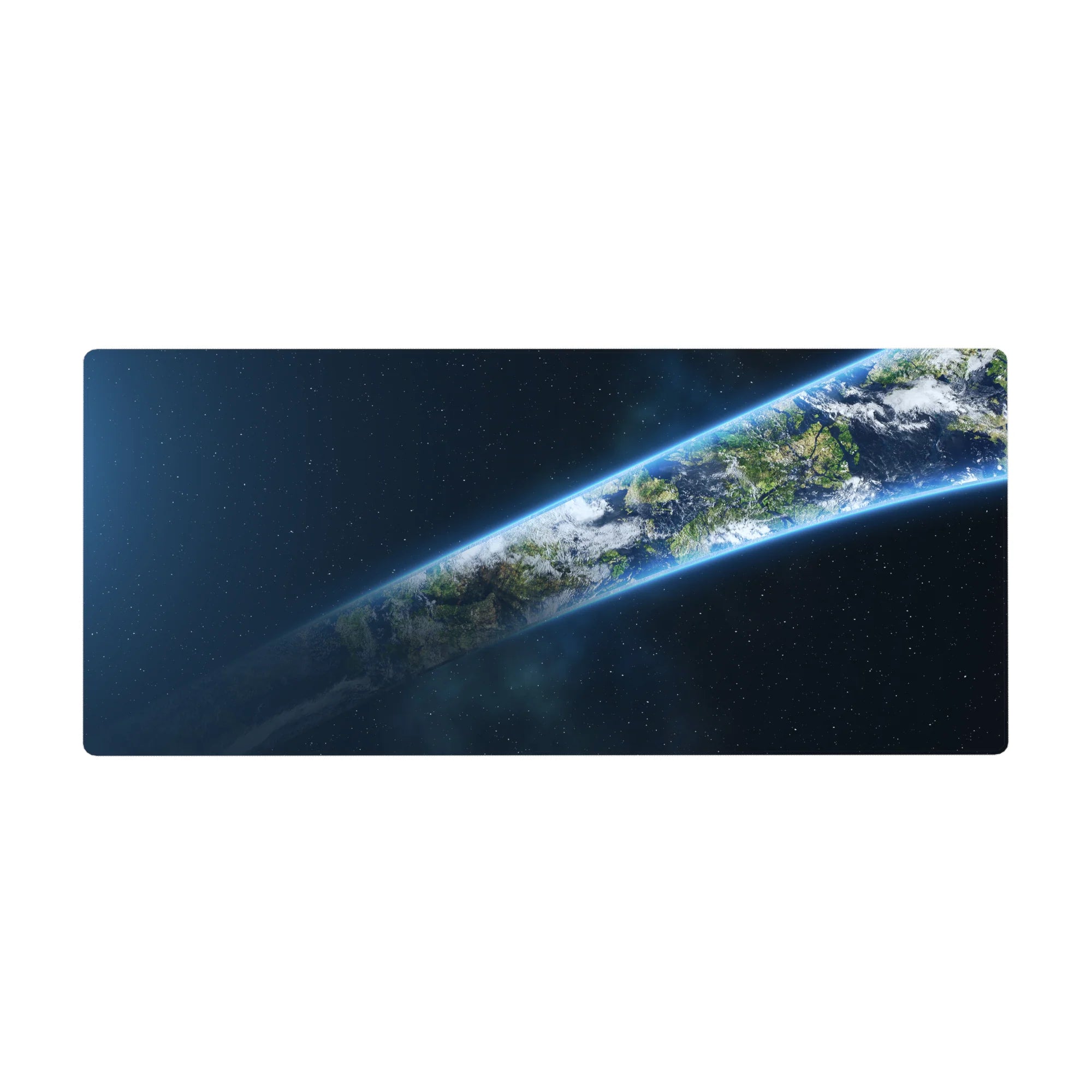 Earth-from-space galaxy desk pad mouse pad, 36x16 inches, with stars, clouds, and glowing neon edge.