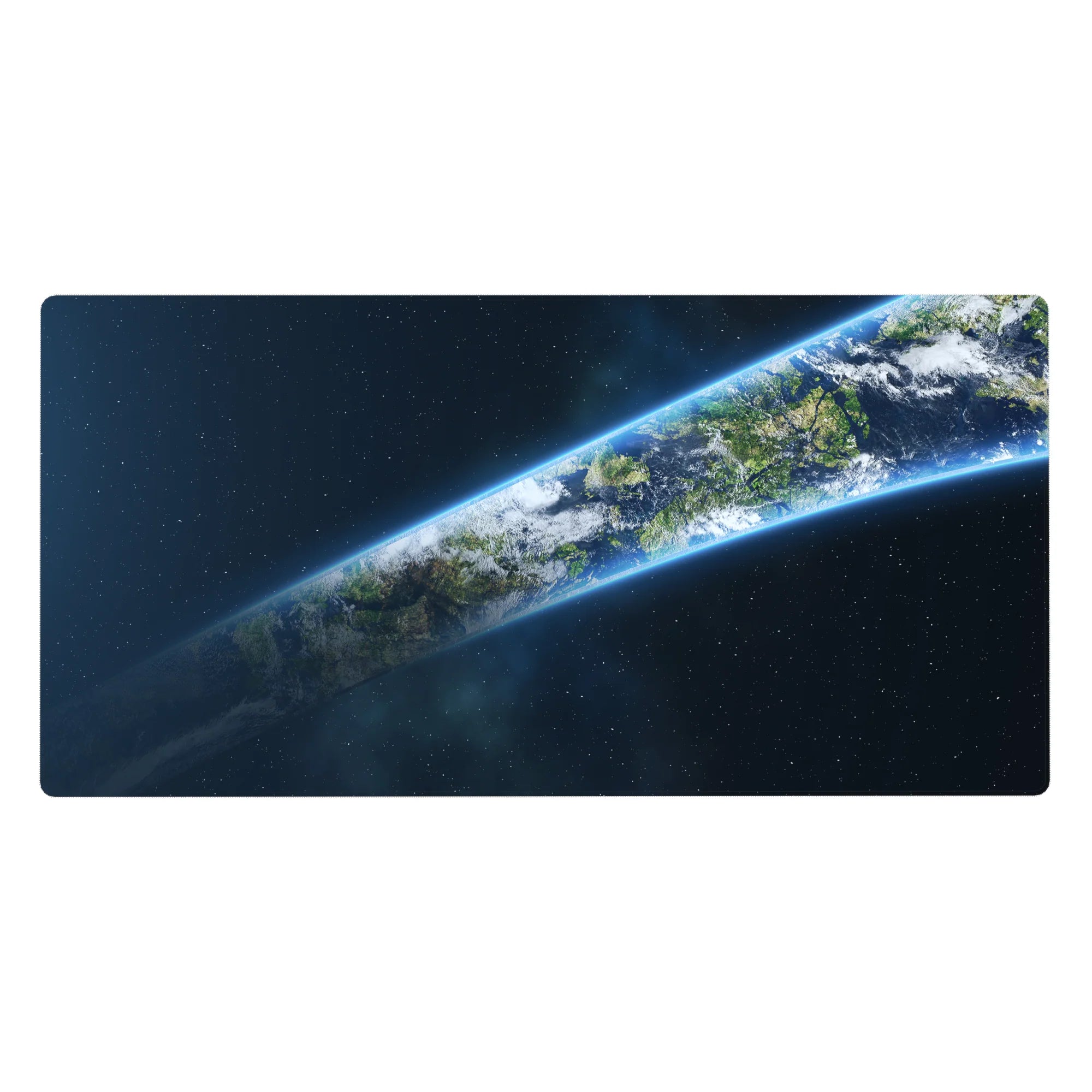 Galaxy Earth orbit desk pad 40x20 inches with starry space backdrop, clouds, oceans and land detail.