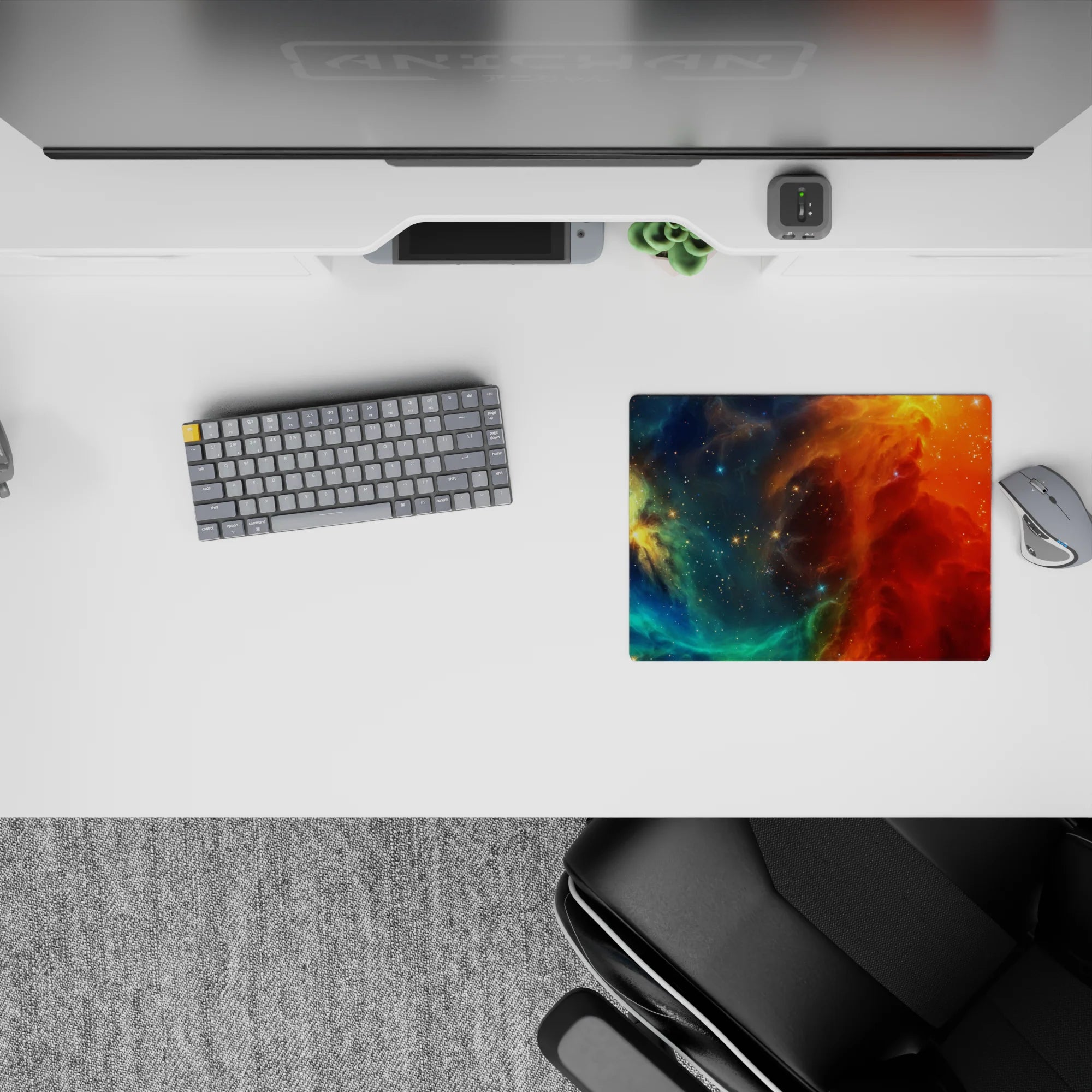 Dreamy teal and ocean blue fade into fiery orange and deep red on a 14x10 inches mouse pad.